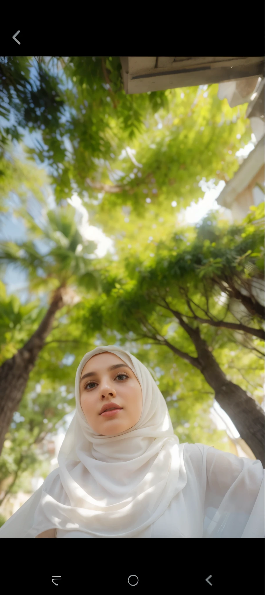 A European girl wearing white hijab, thin and pink lips, turn this image into realistic, the face should be exactly the same with reference image, background in greatest detail, no blur background, background are sharp, clear and distinct, with crisp edges and no blurriness.