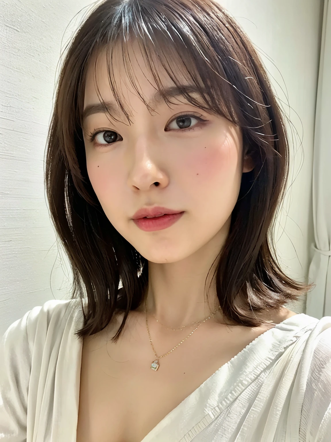 (highest quality、8k、32K、masterpiece、nffsw:1.2)、photo of cute japanese woman、short hair、Taken in front of a white wall、Crew neck、Photographed in natural light、Upper body、surface focus、long sleeve dress、simple necklace、From above、mix 4、(8k、Raw photo、highest quality、masterpiece:1.2)、(realistic、Photoreal:1.37)、1 girl、photon mapping、Physically based rendering、excellent image quality、High resolution、1080p、(clean face)、(Detailed facial description)、(detailed description of handasseter muscle part)、(Detailed CG)、hair is dirty、masterpiece、rich details、(exquisite features)、(best image quality)、(masterpiece)、(detailed eye)、looking forward to your eyes、delicate clavicle、Various poses
