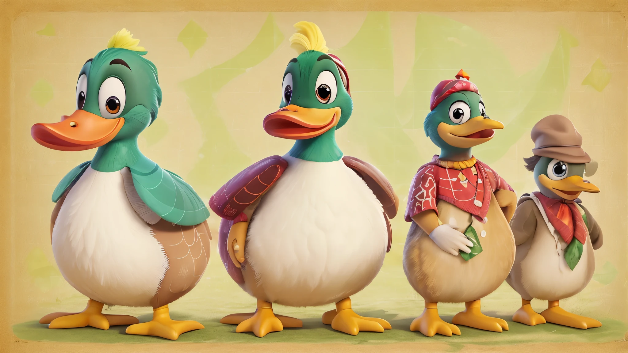 Create the image features a duck in the classic style of Disney characters. It is positioned in the center of the image, com uma postura confiante e determinada. The duck wears an elegant red beret on its head, que acrescenta um toque de charme ao seu visual.
In one hand, o pato segura um navalhete prateado brilhante, evidenciando sua destreza e habilidade. A razor is an instrument with a sharp blade, geralmente usado para fazer barba, mas neste caso, the duck holds it with an air of courage and determination.
Em torno do pato, the background of the image is vibrant, com cores vivas que criam uma atmosfera alegre e cativante. The title of the film, "The duck", It's written in big elegant letters, que remetem ao estilo de letras dos filmes da Disney. The title is accompanied by ornamental details that add a touch of magic and charm..
No geral, the image seeks to convey the energetic and courageous personality of the protagonist duck, while evoking the sense of fun and adventure typical of classic Disney films.