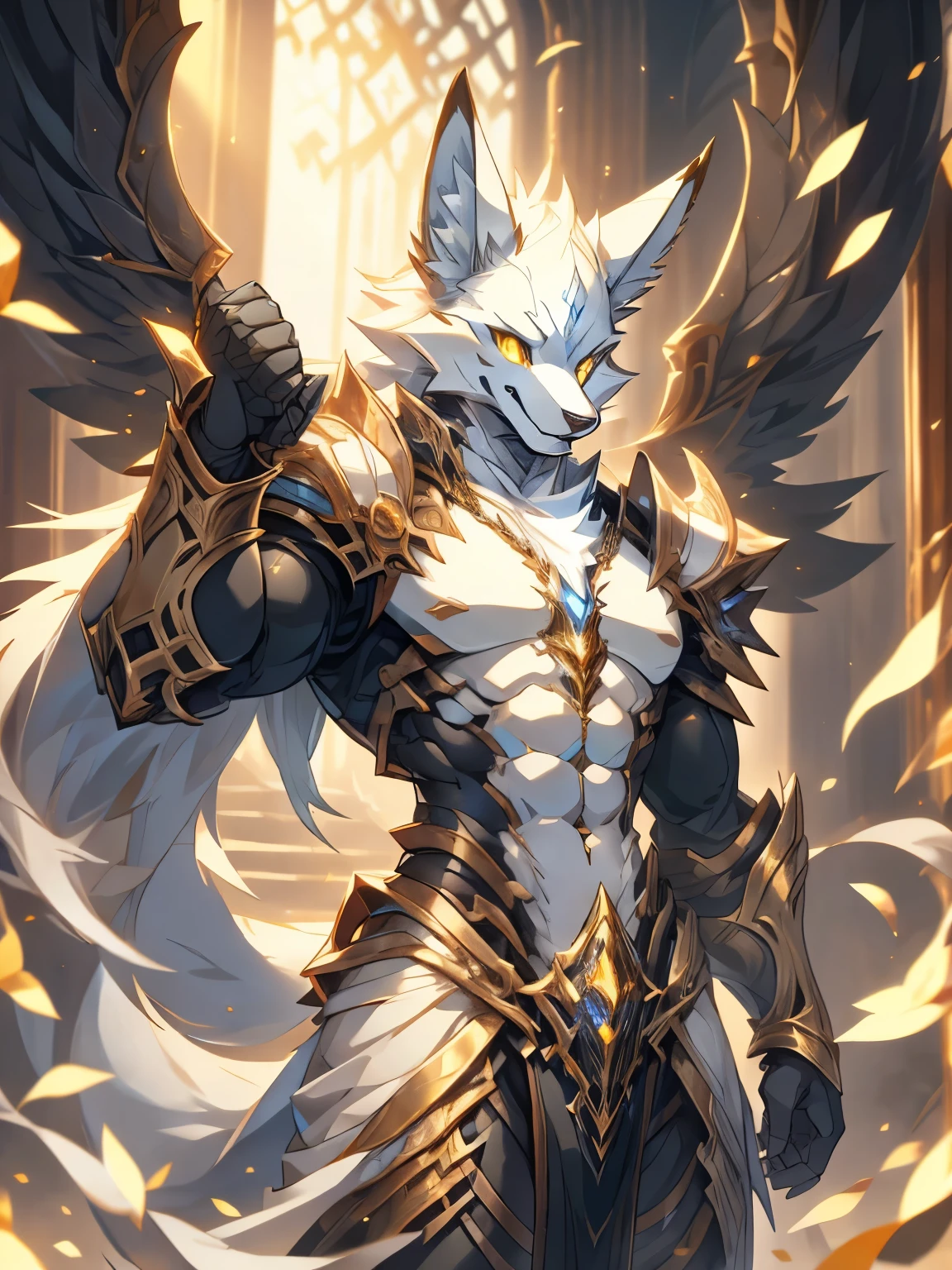 male, furry, Fox anthro, solo, white fur, Golden eyes, (Realistic eye details 1.2), V0id3nergy, abs, Masterpiece, dramatic lighting, soft lighting, day, highly detail, Hair coiled, epic fantasy art style, epic fantasy digital art style, anatomically correct, accurate, UHD, 1080P