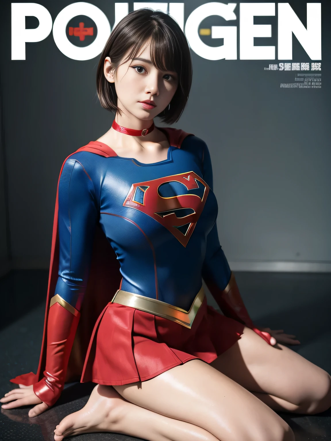 masterpiece、supergirl costume、short hair、barefoot, big and full breasts、operating room、operating table、straddle、sweating、shiny、look at the camera、provocation、Estrus、choker、Weekly magazine cover、long sleeve、red mini skirt、obscene pose、Seduce、execution stand