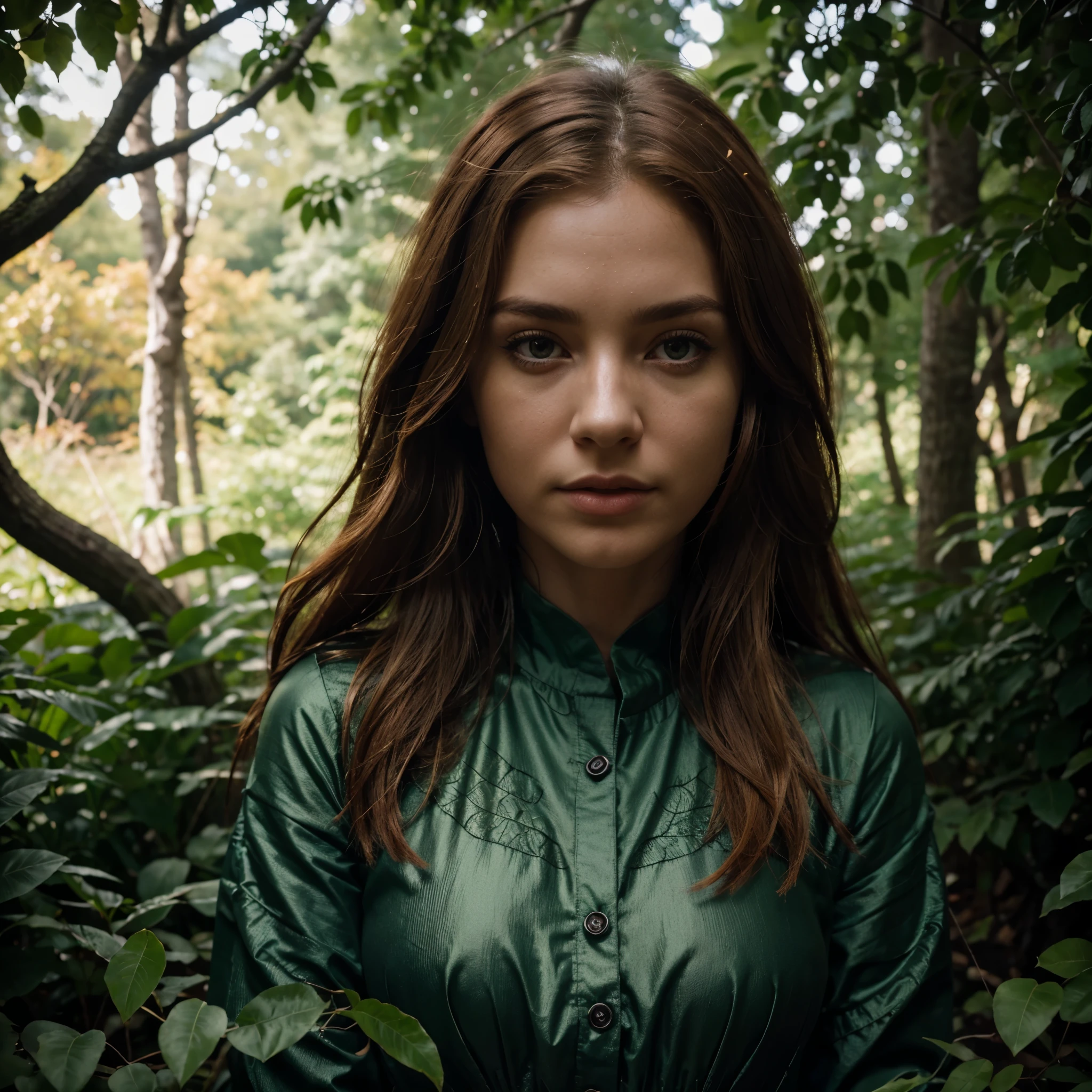 cinematic still, filmed by Guillermo del Toro, Amidst a deep dark forest, an enigmatic being appears--an amalgamation of flora and fauna, with vines for hair, eyes gleaming like embers, and skin adorned with iridescent scales, RAW uhd portrait of 24-year-old blonde, Natural red hair, castles, Wavy, (brown-eyed woman) , Prehistory, (Red Summer Dress), (cutout), Detailed (textures!, Hair!, brightness, Color!, imperfections:1.1), High detail of light eyes, (looking at the camera), specular lighting, dslr, ultra quality, sharp-focus, Sharp, Depth of field, Film grain, (centered), Fujifilm XT3, Crystal clear, The center of the frame, cute face, sharp-focus, bokeh, (dimly lit), Low key, (day sky) day.