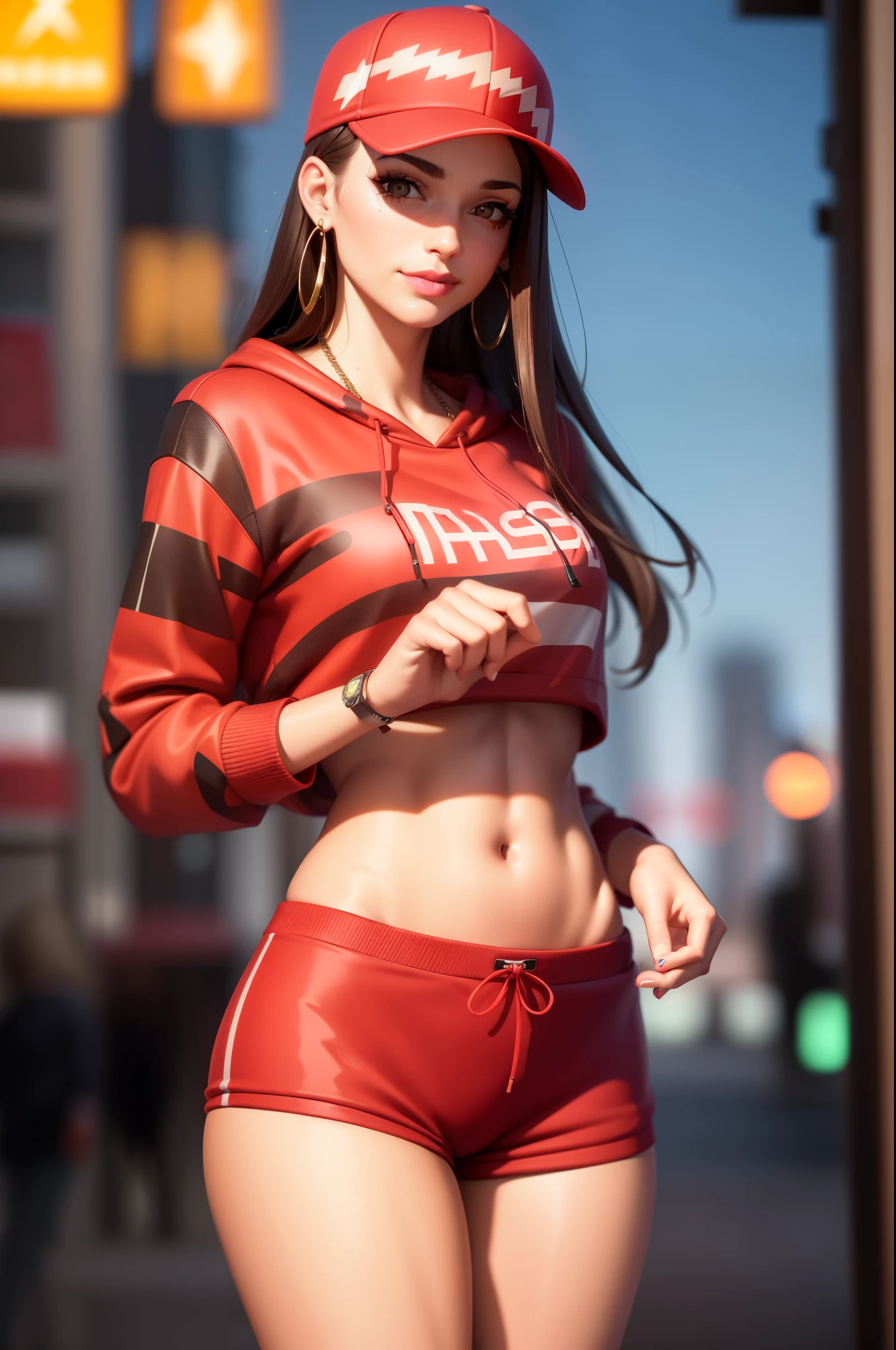 1girl, beautiful, smirk, wearing a hat, earrings, red camo sweatshirt, red_short shorts, long hair, brown hair, mascara, nose lips, standing, midriff, naval, earrings, (realistic:1.5), cyberpunk, neon city, neon lights, 3d, cgi, volumetric lightning