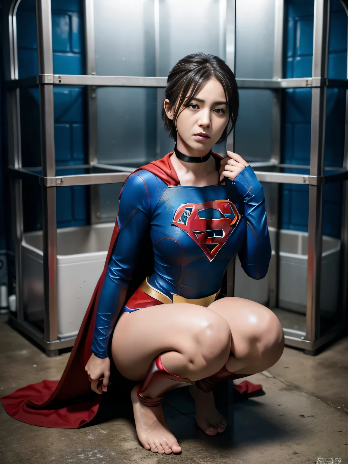 masterpiece、supergirl costume、short hair、barefoot、big and full breasts、test subject、Crisis situation、prison、in a cage、imprisonment、kneel down、sweaty、shiny、looking at camera、Seduce、choker、long sleeve、red sexy pose、POW camps