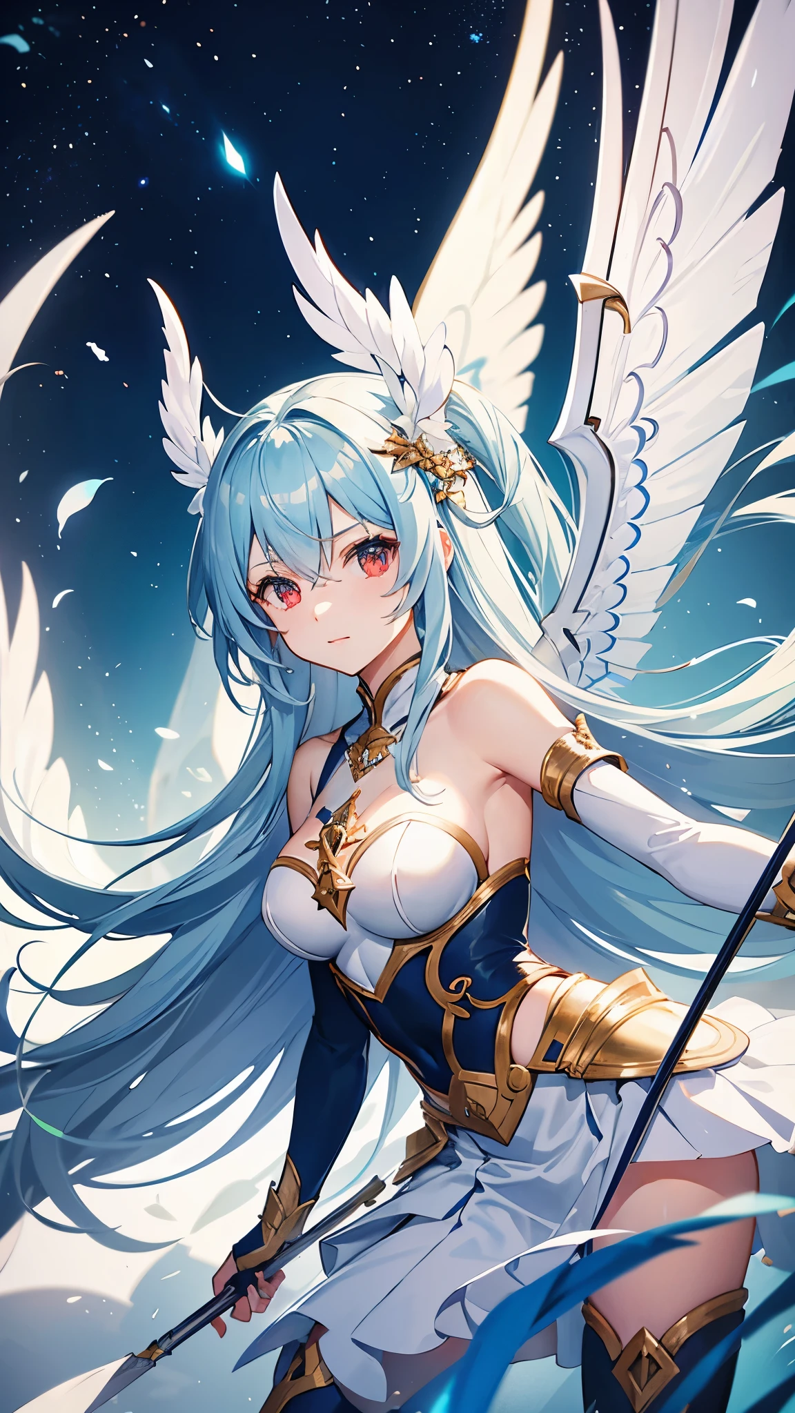 light blue long hair girl, red eyes, Dressed in white gold armor, petal mini skirt, Weapons: bows and arrows, flight, Dragon Wings, Battle in the sky, many dragons flight in background