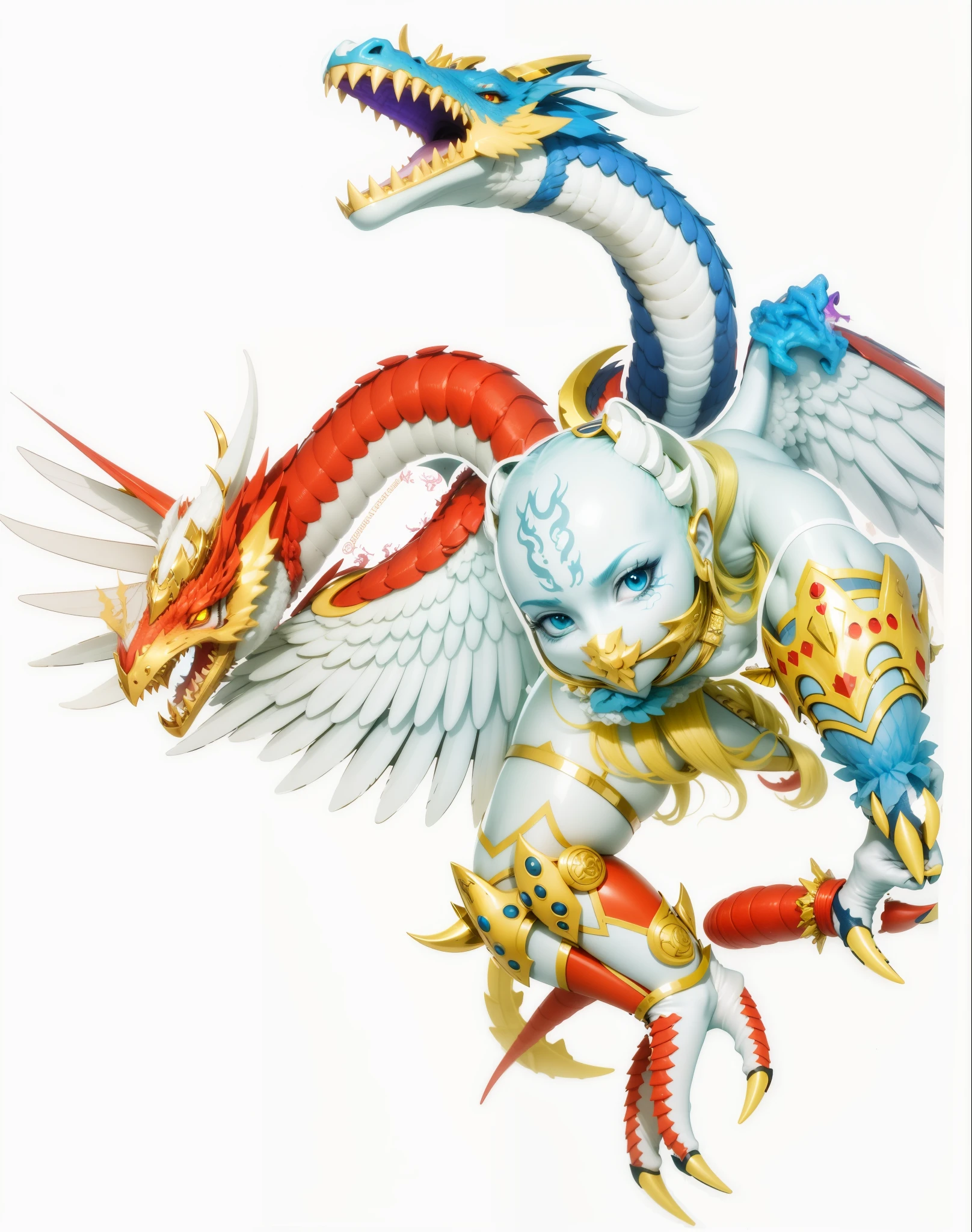 A colorful dragon double head character with a inverted human face as body , inverted white angel head, flipped angel face, white angel face in chest, inverted human face , angel face, 2 heads dragon, wings, red head and blue head dragon, gold armor