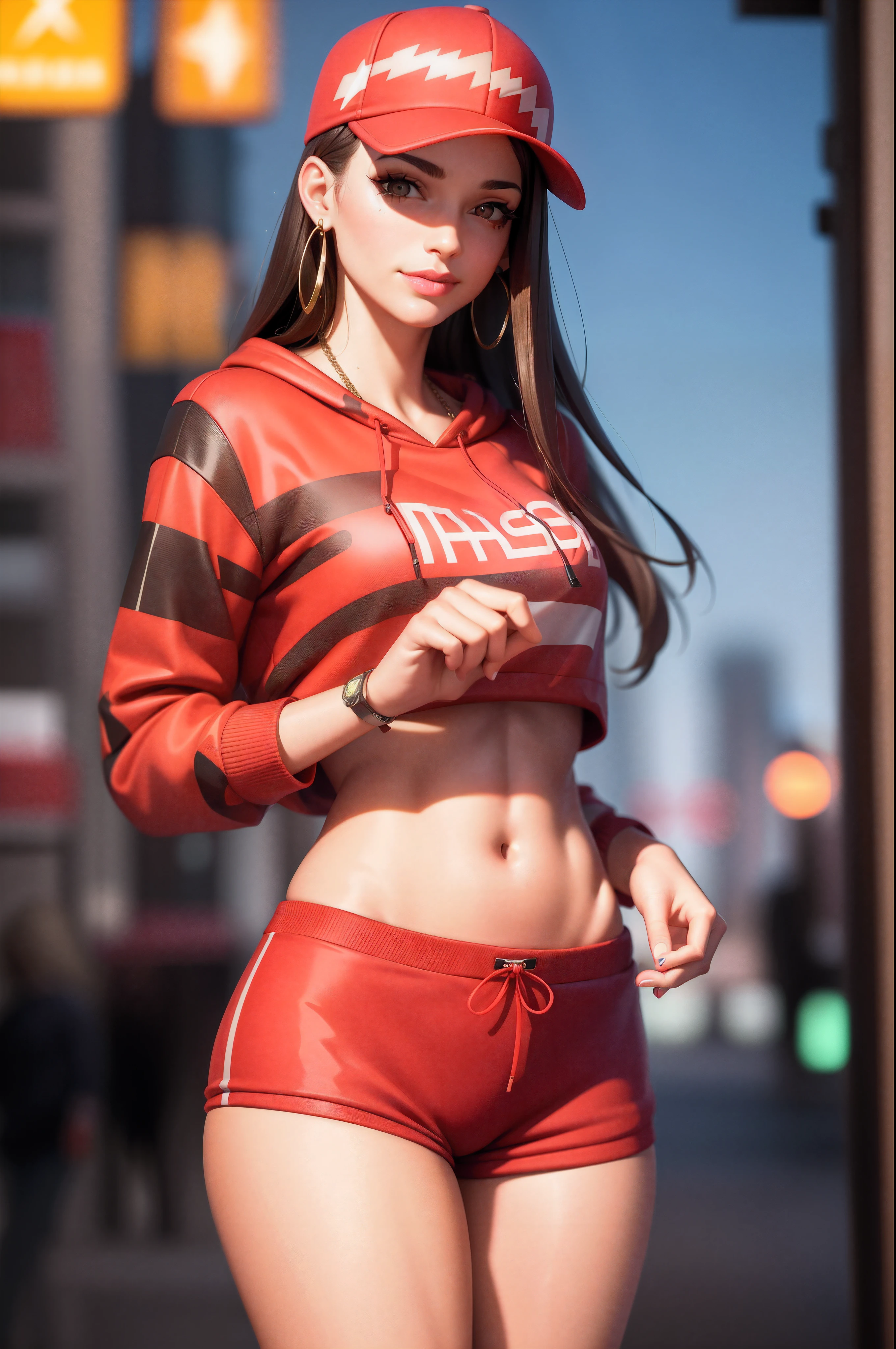 1girl, beautiful, smirk, wearing a hat, earrings, red camo sweatshirt, red_short shorts, long hair, brown hair, mascara, nose lips, standing, midriff, naval, earrings, (realistic:1.5), cyberpunk, neon city, neon lights, 3d, cgi, volumetric lightning