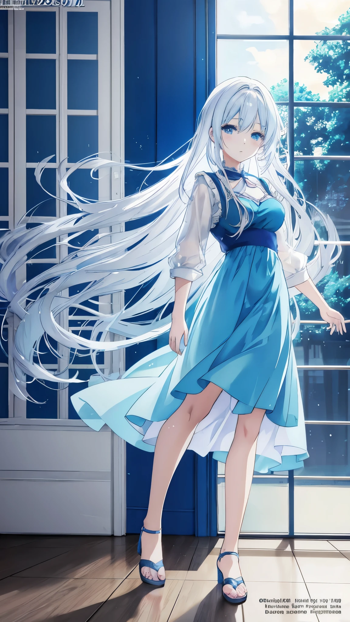 Anime girl in blue dress standing in front of the window, Anime Art Wallpaper 4k, Anime Art Wallpaper 4k, anime style 4k, Beautiful anime artwork, Animation Art Wallpaper 8k, Digital art on pixiv, Beautiful anime art, White-haired God, anime wallpaper 4k, anime wallpaper 4k, Clean and detailed anime art, Detailed digital animation art