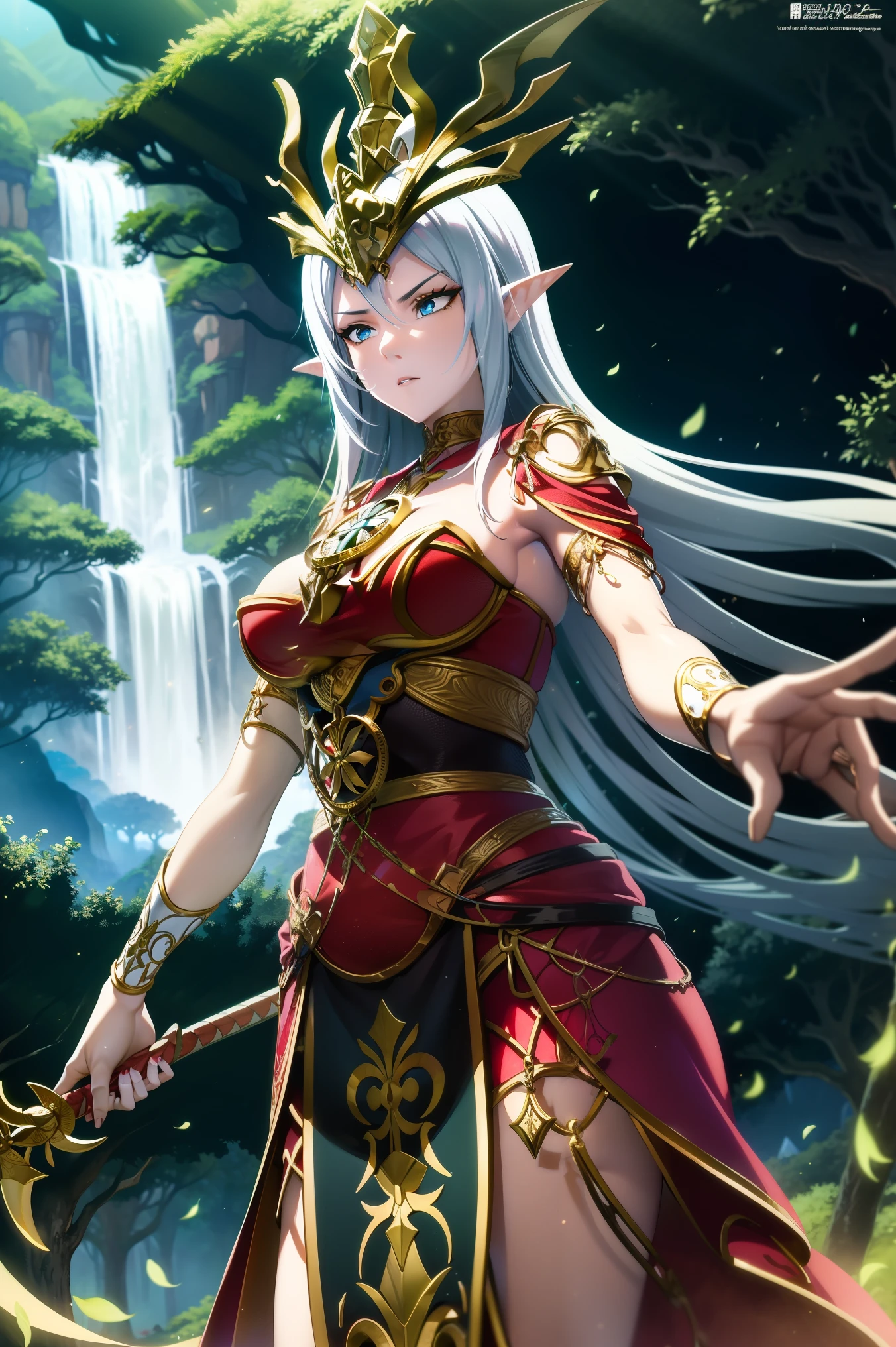 "Gera uma imagem no estilo anime, Inspirado em Genshin Impact, 1 mulher, Corpo todo, representing Seraphina Aelindë, a noble hospitable knight of the Order of Saint John of Jerusalem and an elf of profound beauty. Na imagem, Seraphina is standing in an ancient forest, Surrounded by tall and mysterious trees. Seu longo, Luminous brown hair falls in intricate braids over her shoulders, com brilhos dourados que magicamente capturam a luz. His intense, celestial blue eyes gaze with compassion and determination at the horizon.. He wears a black cloak with a white pate cross on his left chest., e um manto preto com capuz que se projetava levemente na brisa da floresta. Your hands gracefully hold the hilt of a sword, symbolizing their bravery and commitment to protection. The image captures Serafhina&#39;s serene and noble presence, as she radiates a deep connection with nature and the magic that surrounds her."