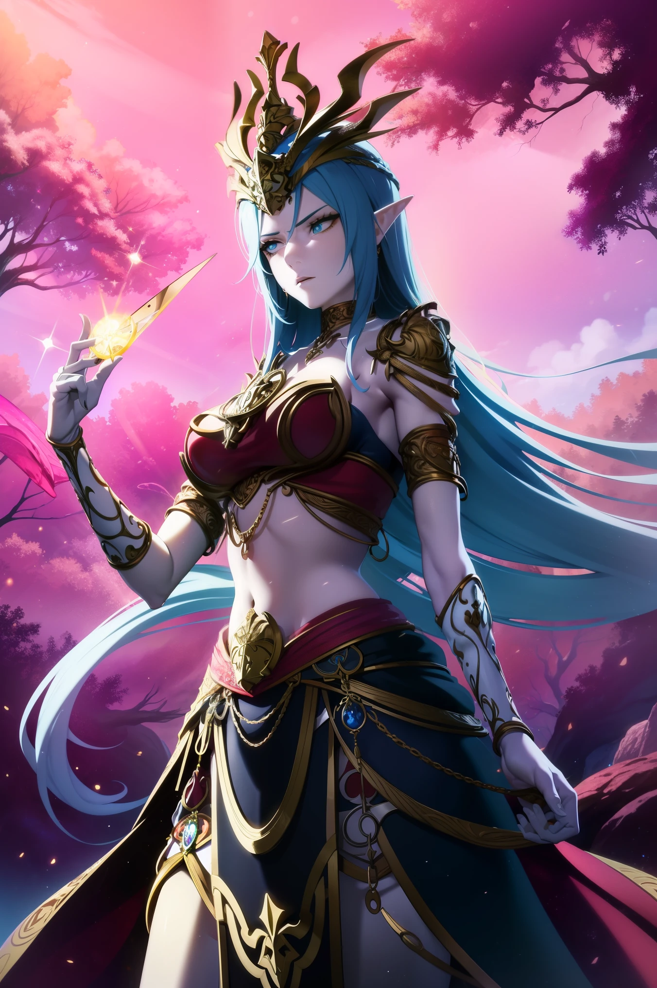 "Gera uma imagem no estilo anime, Inspirado em Genshin Impact, 1 mulher, Corpo todo, representing Seraphina Aelindë, a noble hospitable knight of the Order of Saint John of Jerusalem and an elf of profound beauty. Na imagem, Seraphina is standing in an ancient forest, Surrounded by tall and mysterious trees. Seu longo, Luminous brown hair falls in intricate braids over her shoulders, com brilhos dourados que magicamente capturam a luz. His intense, celestial blue eyes gaze with compassion and determination at the horizon.. He wears a black cloak with a white pate cross on his left chest., e um manto preto com capuz que se projetava levemente na brisa da floresta. Your hands gracefully hold the hilt of a sword, symbolizing their bravery and commitment to protection. The image captures Serafhina&#39;s serene and noble presence, as she radiates a deep connection with nature and the magic that surrounds her."