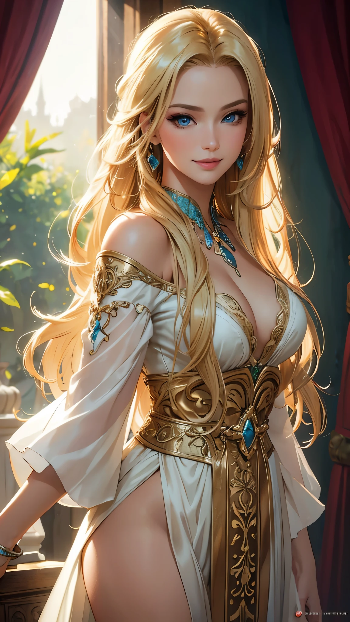 (best quality,ultra-detailed,photo-realistic:1.37),bright and vibrant colors,studio lighting,playful expression,stylish makeup,long blonde hair flowing in the wind,alluring eyes,glossy lips,sexy pose, Medieval, Shangri-La, smiling in a confident and seductive way,posing for a professional photoshoot,shallow depth of field,highlighting the main subject,soft natural lighting,creating a dreamy and magical atmosphere.