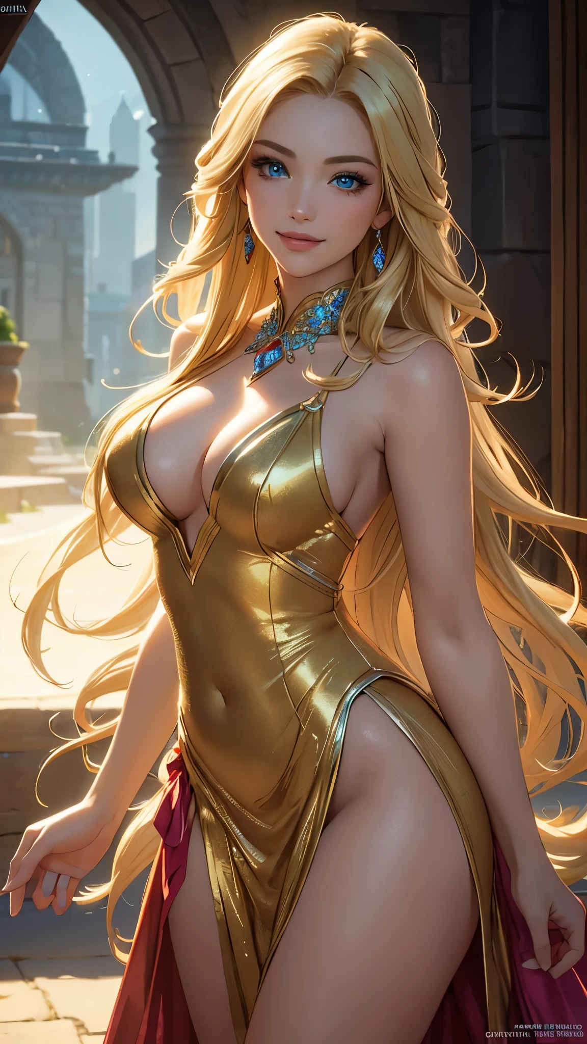(best quality,ultra-detailed,photo-realistic:1.37),bright and vibrant colors,studio lighting,playful expression,stylish makeup,long blonde hair flowing in the wind,alluring eyes,glossy lips,sexy pose, Medieval, Shangri-La, smiling in a confident and seductive way,posing for a professional photoshoot,shallow depth of field,highlighting the main subject,soft natural lighting,creating a dreamy and magical atmosphere.