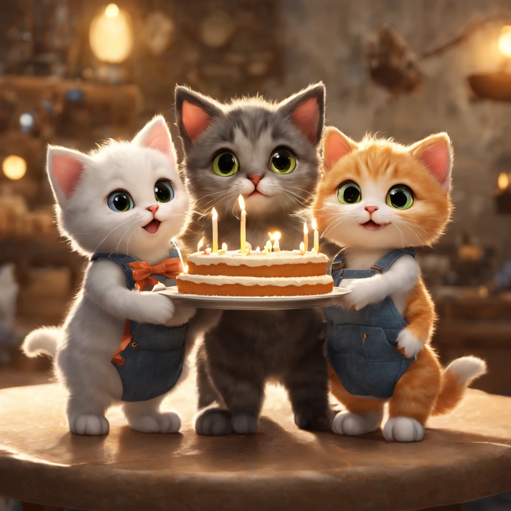 Cute little group of three kittens, Wear overalls smartly, gown , One of the people holding a white birthday cake in his hand , full body figure, zoom out , party background , unreal engine, cozy indoor lighting, art station, richness of detail, digital paint, cinematic, Character Design:mark lyden, Pixar and Hayao Miyazaki, unreal 5, Daz, surreal, octane rendering