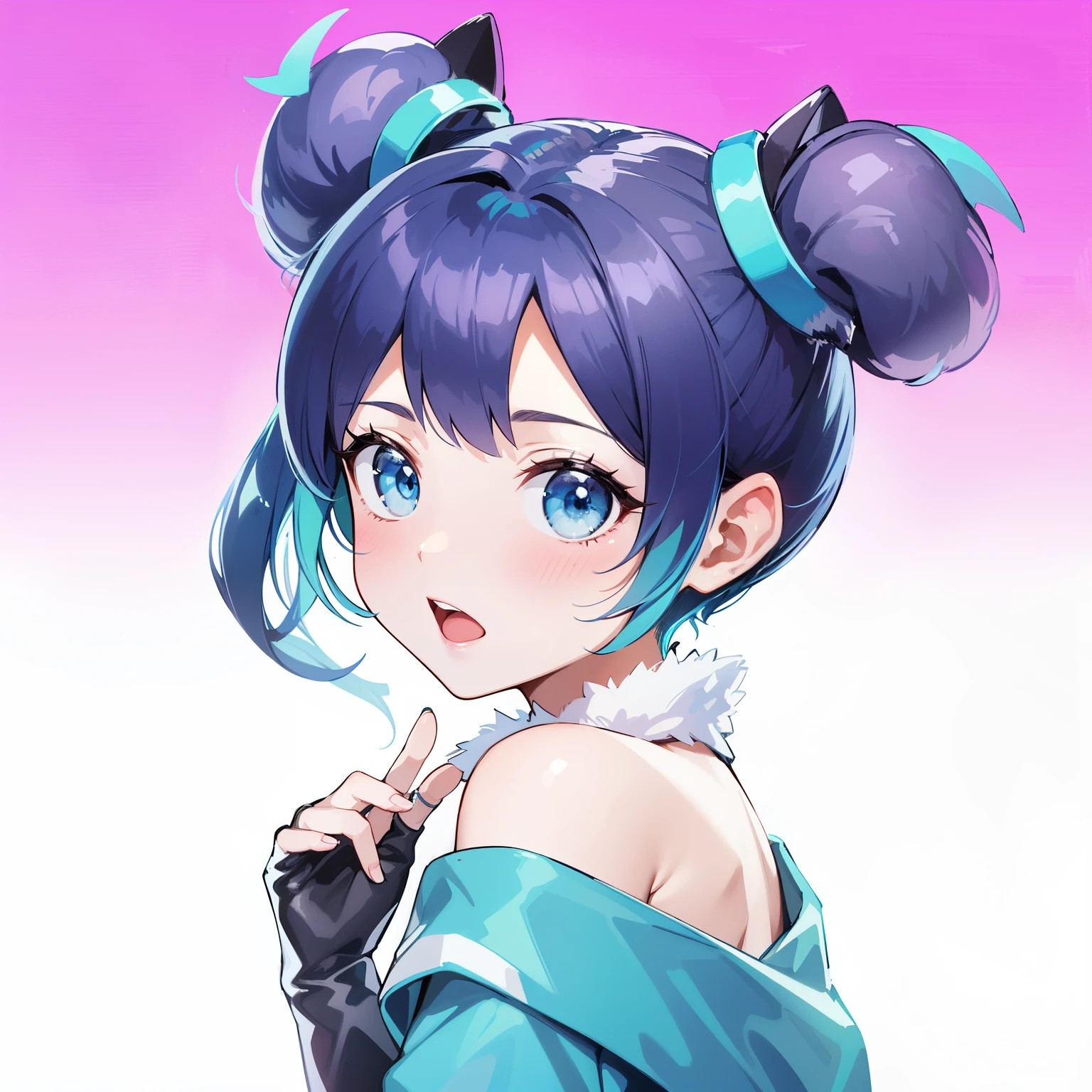 masterpiece:1.2, high quality, best quality, detailed_background,indoors,highres,neko (solution1988),black jacket,upper body,open clothes,absurdres,blue eyes,open jacket,gradient background,looking at viewer,sports bra,1girl,short hair,bare shoulders,solo,animal ears,blue hair,jacket,crop top,off shoulder,head tilt,cat ears