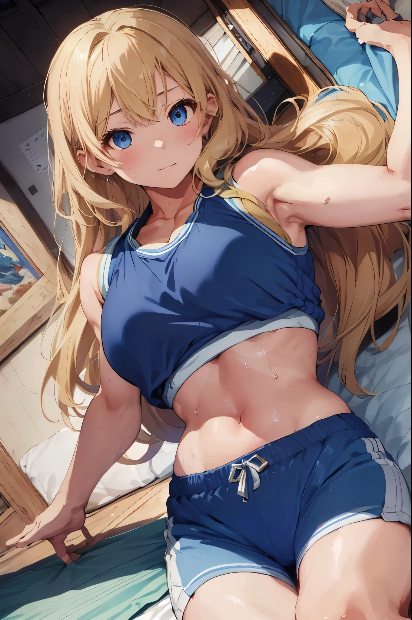 最high quality、Best image quality、masterpiece、age girl((20 years old、 by becoming、vest bust、medium bust,Big chest tea、shining eyes, blonde hair、long hair、thin,highest valley、blue sports bra(1:2)、blue sweatpants、sweat、Sweat dissipates、red body、sleep on mat)),high quality、beautiful art、background((arcade))debris flying、writing border depth、、visual art、perfect art、8k,real、