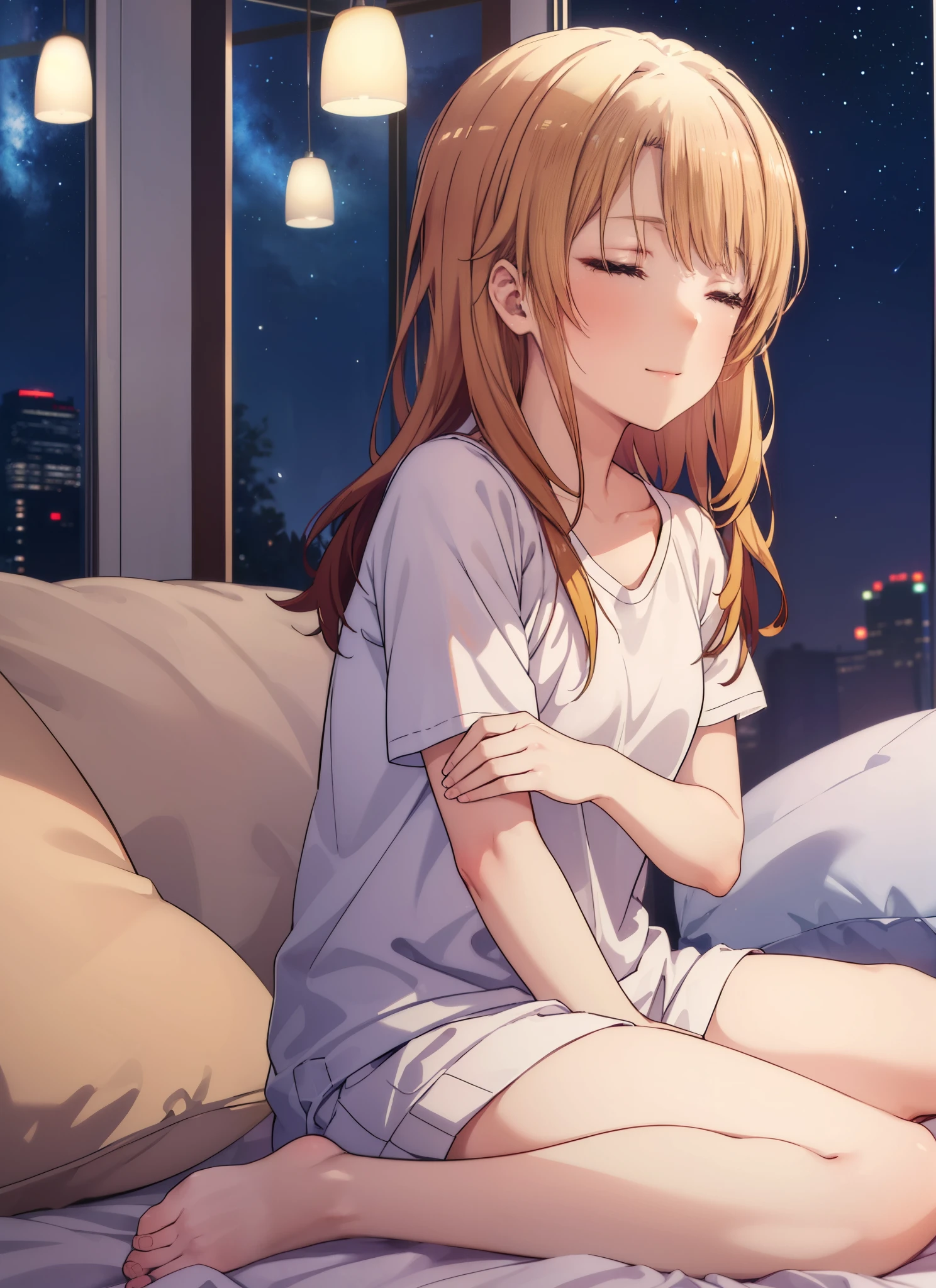 irohaisshiki, Isshiki Iroha, 1people's women,long hair, light brown hair, smile,windows,romantic starry sky,close both eyes,sleeping in bed,A meteor crosses,T-shirt,yellow,barefoot,open clothes,sleeping in bed,night,sleep with your head on the pillow,dark room,night,
destroy indoors, destroy the bedroom (masterpiece:1.2), highest quality, High resolution, unity 8k wallpaper, (shape:0.8), highly detailed face, perfect lighting, Very detailed CG, (perfect hands, perfect anatomy),