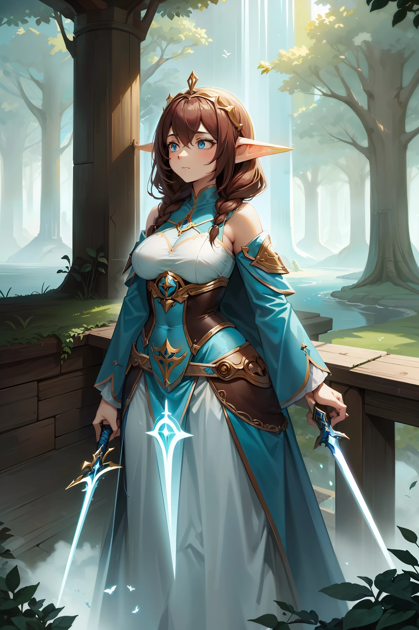 "Gera uma imagem no estilo anime, Inspirado em Genshin Impact, 1 mulher, Corpo todo, representing Seraphina Aelindë, a noble hospitable knight of the Order of Saint John of Jerusalem and an elf of profound beauty. Na imagem, Seraphina is standing in an ancient forest, Surrounded by tall and mysterious trees. Seu longo, Luminous brown hair falls in intricate braids over her shoulders, com brilhos dourados que magicamente capturam a luz. His intense, celestial blue eyes gaze with compassion and determination at the horizon.. He wears a black cloak with a white pate cross on his left chest., e um manto preto com capuz que se projetava levemente na brisa da floresta. Your hands gracefully hold the hilt of a sword, symbolizing their bravery and commitment to protection. The image captures Serafhina&#39;s serene and noble presence, as she radiates a deep connection with nature and the magic that surrounds her."