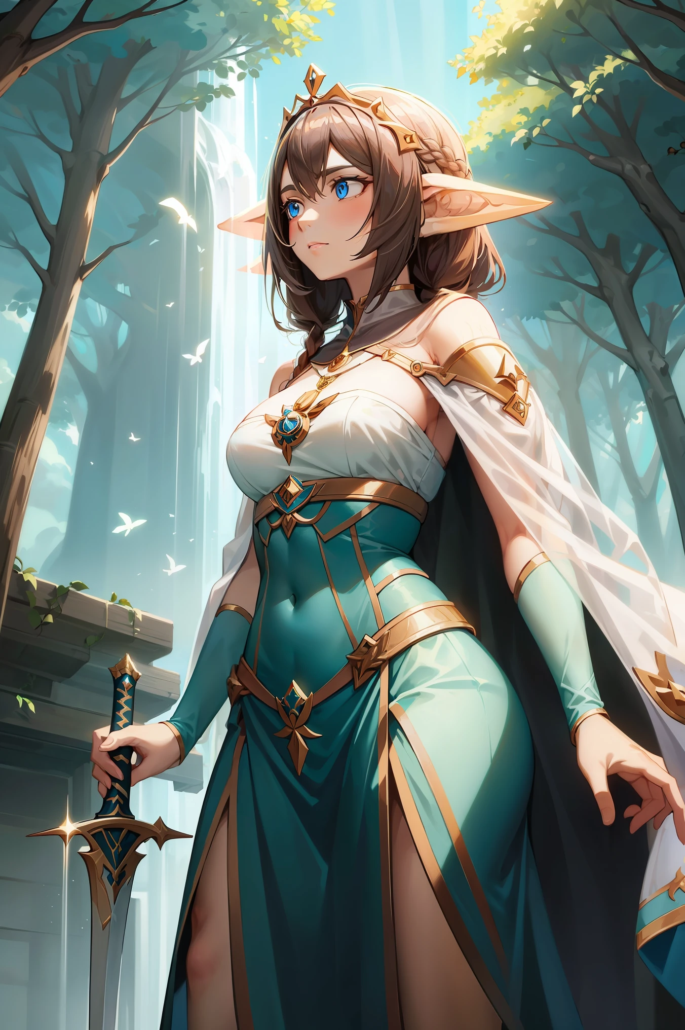 "Gera uma imagem no estilo anime, Inspirado em Genshin Impact, 1 mulher, Corpo todo, representing Seraphina Aelindë, a noble hospitable knight of the Order of Saint John of Jerusalem and an elf of profound beauty. Na imagem, Seraphina is standing in an ancient forest, Surrounded by tall and mysterious trees. Seu longo, Luminous brown hair falls in intricate braids over her shoulders, com brilhos dourados que magicamente capturam a luz. His intense, celestial blue eyes gaze with compassion and determination at the horizon.. He wears a black cloak with a white pate cross on his left chest., e um manto preto com capuz que se projetava levemente na brisa da floresta. Your hands gracefully hold the hilt of a sword, symbolizing their bravery and commitment to protection. The image captures Serafhina's serene and noble presence, as she radiates a deep connection with nature and the magic that surrounds her."