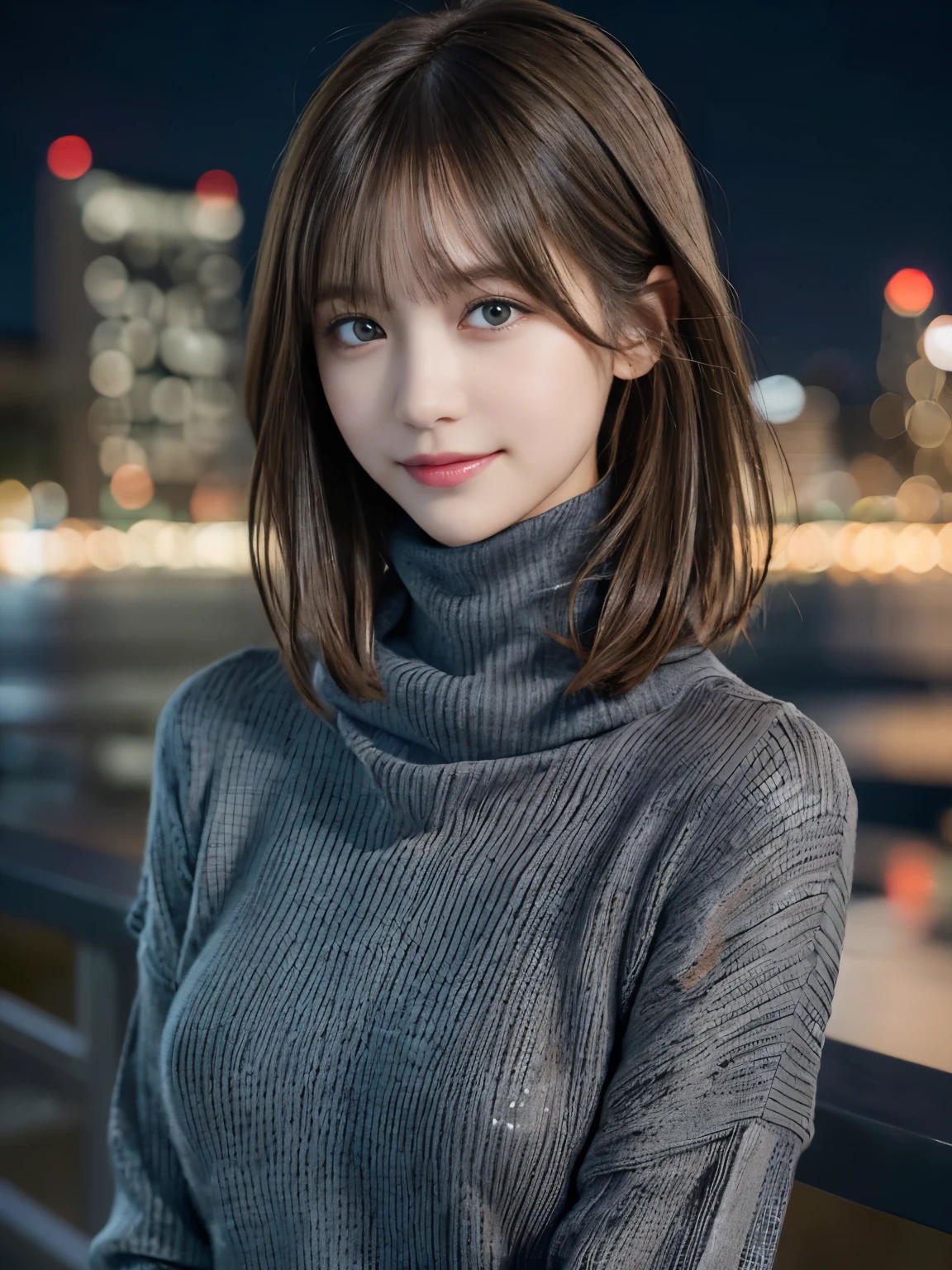 1 girl,(dark gray turtleneck sweater:1.4),(RAW photo, highest quality), (realistic, Photoreal:1.4), table top, very delicate and beautiful, very detailed, 8k wallpaper, wonderful, finely, very detailed CG Unity, High resolution, soft light, Beautiful detailed 19 year old girl, very detailed目と顔, beautifully detailed nose, detailed and beautiful eyes,cinematic lighting,night city lights,perfect anatomy,slender body,smile  (hair is dirty, asymmetrical bangs, light brown hair,)