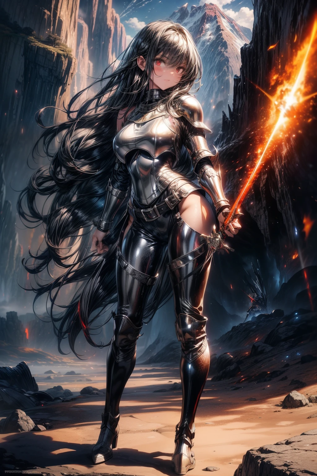 (1girl:0.999), (armor:0.882), (red_hair:0.677), (boots:0.877), (breasts:0.959), (decote:0.853), (cloud:0.940), (cloudy_sky:0.675), (dusk:0.575), (fire:0.918), (large_breasts:0.683), (lips:0.633), (long_hair:0.836), (mountain:0.645), (orange_sky:0.584), (realistic:0.569), (sky:0.778), (solo:0.872), (sunset:0.977), (sword:0.972), (weapon:0.986) --auto