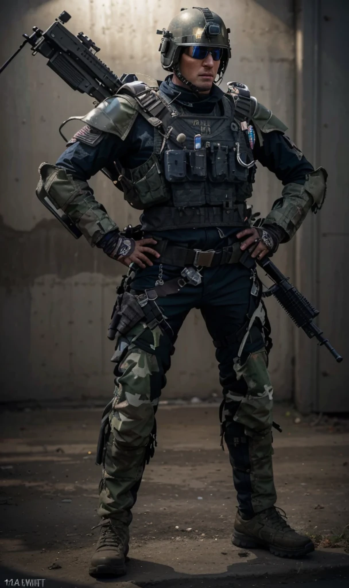 soldado masculino, cara alemana muy masculina, Casco militar azul, tactical sunglasses, uniforme militar azul oscuro, chaleco antibalas de metal con hombreras de metal, cinturones con municiones, en su espalda lleva un rifle de francotirador, botas militares, cinturones con municiones , It's outside an ultra-advanced military base., advanced military vehicles, Hyper Realista, 4k, Imagen ultra detallada, Realista, muy detallado, perfect composition, beautiful intricately detailed incredibly detailed, Artistic photography in 8K, hiper detallado, Obra maestra