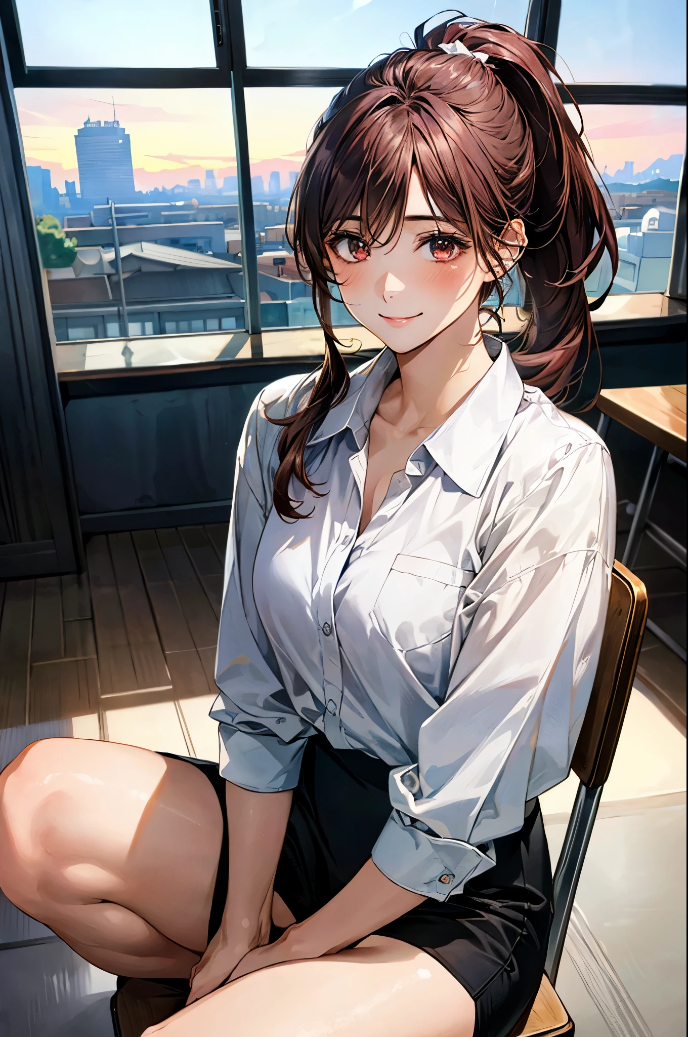 (masterpiece:1.3, top-quality), (realistic, photorealistic:1.4), beautiful illustration, (natural side lighting, movie lighting),
looking down, full body, from below, 1 girl, japanese, high school girl, perfect face, (perfect anatomy), cute and symmetrical face, shiny skin,
(long hair, ponytail, brown hair, pink hair ribbon), hair between eyes, brown eyes, long eye lasher, (large breasts: 0.8),
beautiful hair, beautiful face, beautiful detailed eyes, beautiful clavicle, beautiful body, beautiful chest, beautiful thigh, beautiful legs, beautiful fingers,
((insanely detailed clothes, white collared shirt, skirt)),
(beautiful scenery), depth of field, detailed background, evening, (office room), indoor, view of buildings, desks, sitting on chair, (smile),