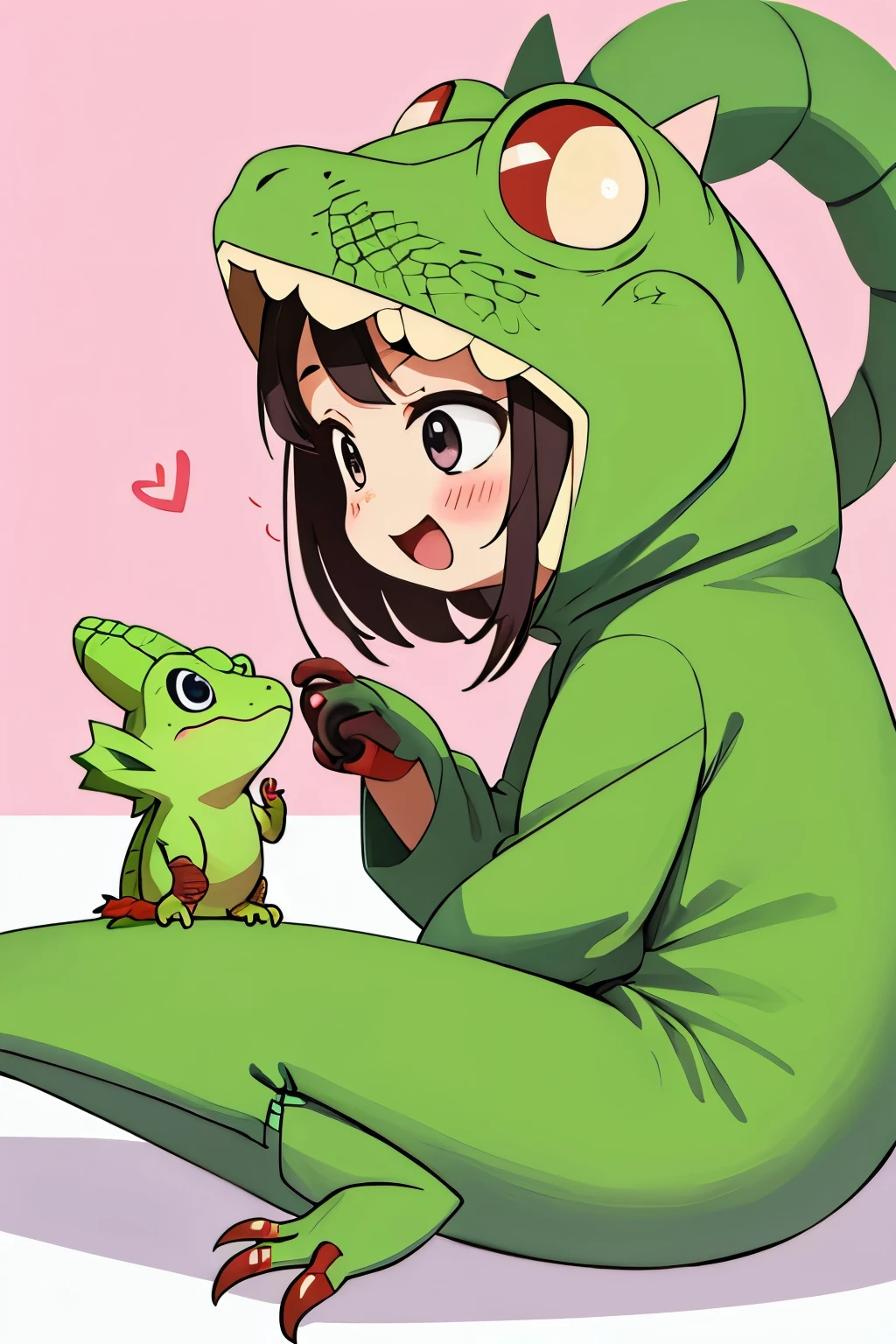 anime、Chibi girl wearing a deformed lizard costume、cute pose、Take a photo from the side、laughter