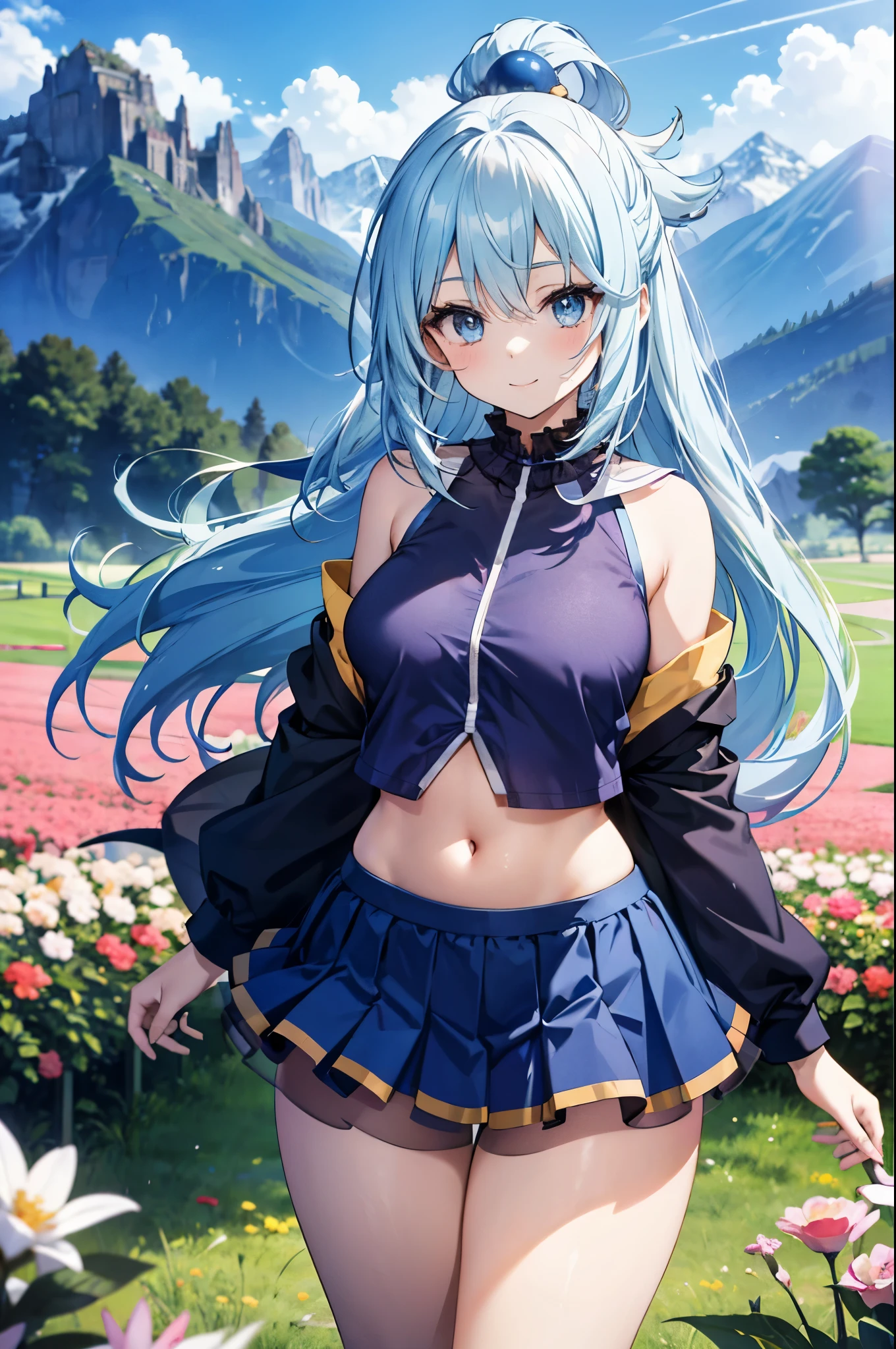 ealistic image, coherent image, detailed image, 1 beautiful girl. She has light blue hair, long hair. Her eyes are light blue, long eyelashes. Her face is oval and delicate, smiling. She is wearing a short-sleeved off-the-shoulder t-shirt, showing her navel, transparent pleated mini skirt, sneakers, she has a curvy body, medium breasts, thick thighs, background of mountains, surrounded by a field of flowers, natural lighting, volumetric lighting