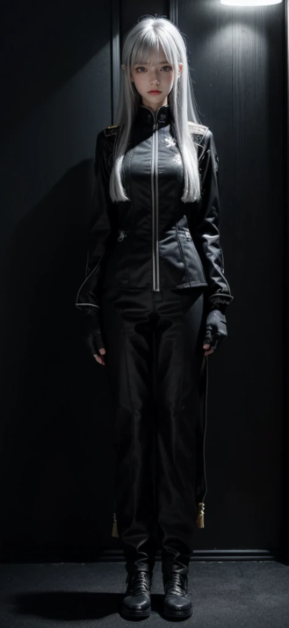 shiny hair,4 fingers,{{{{{White eyes}}}}},{{{{{White eyes}}}}},{long hair},{{straight hair}},gloves,black clothes,black military suit,{military},{{{{{dull bangs}}}}},Hard hair,(slanted eyes},{{whole body},{{{1 girl}}}, {{{{silver hair}}}},{{{Tsurime}}},36 years old,white people,silver eyes,thin,{{{masterpiece}}}, {{{highest quality}}}, {{super detailed}}, {figure}, {{very delicate and beautiful}},very detailed,detailed perfect,detailed hyper,militaryまたは海militaryの制服