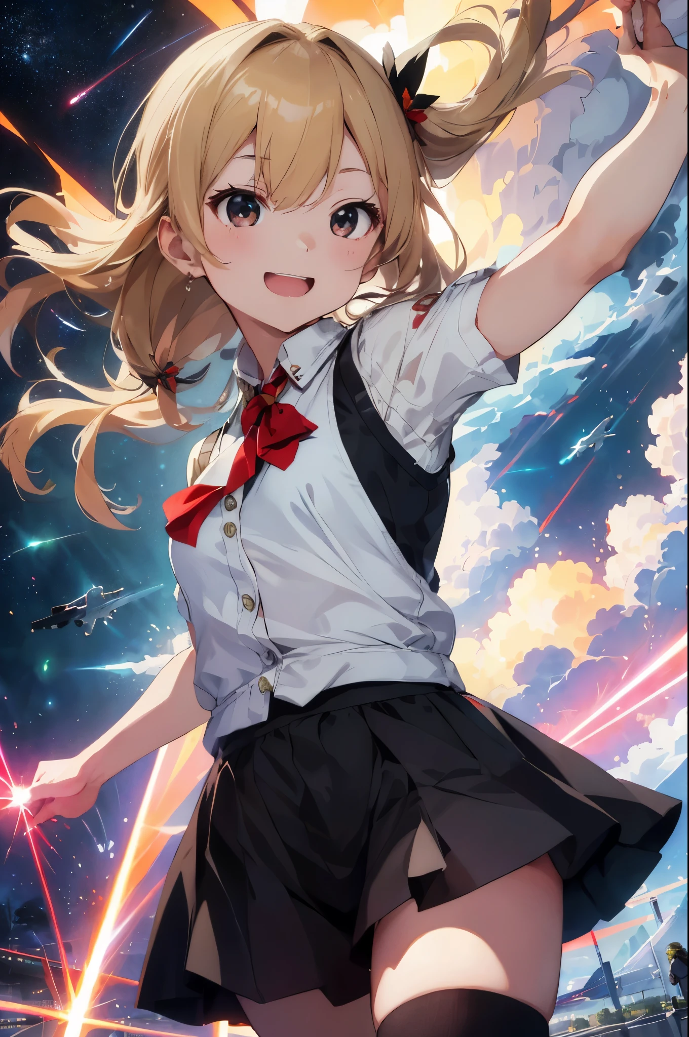 最high quality、Best image quality、masterpiece、android girl((Main body、20 years old、 by becoming、vest bust、medium bust,Big chest tea、black eyes, blonde hair、long hair、thin,highest valley、glowing battle suit、elatedのある動き、超high speed、feeling of sprinting)),high quality、beautiful art、background((at the airport、high speed、red laser))、debris flying、writing border depth、、visual art、perfect art、8k,real、elated、dynamic expression(1:2)、elated