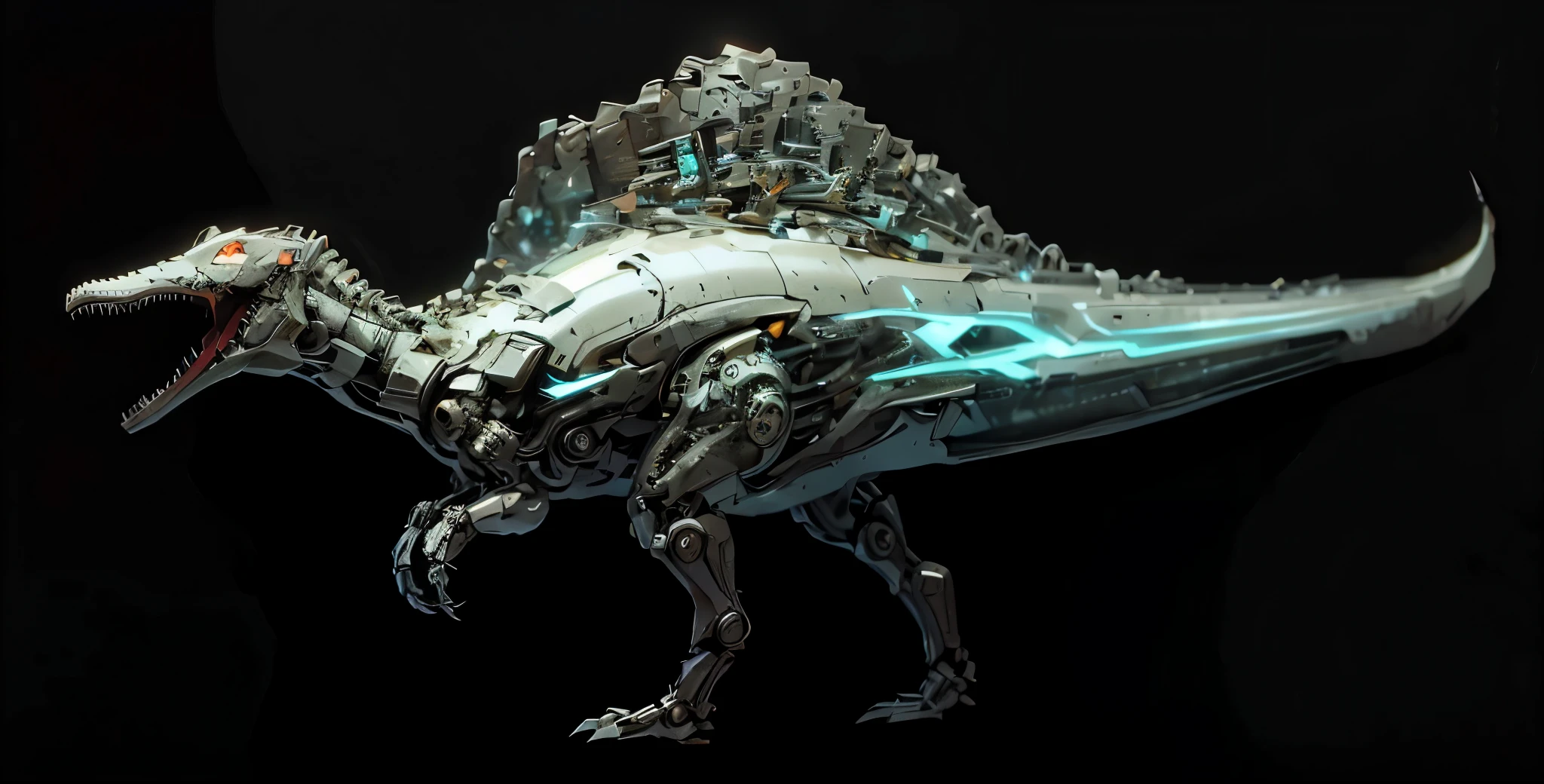 (futuristic:1.5,cyberpunk),(Black canvas background:1.4,blurred background:1.4), Mechanical Spinosaurus, (Mechanical body:1.2, mechanical limbs:1.2, gear joints, Glowing eyes, realistic scifi cyberpunk armo),Ray Tracing, Reasonable structure,backlight, close up, Mechanical elements,cybernetic, complex,Selective focus, high res