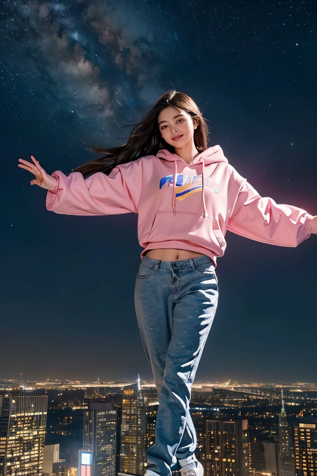 "Image Quality: 8K (Best Quality Scale: 1.2), Artistic Style: Realistic, Photorealistic Factor: 1.37, Clarity: Ultra High Definition, Subject:1girl flying above stunning cityscape ,hoodie and pants ,brown hair, neon color shooting stars, very long hair, feather hair ornament, neon colors, flashes, stunning night sky, age Girl (16 yotable Features: Pleasant Smile, Closed Mouth, Exquisite Details, Lovely Nose, Composition: Full Body, Damp Hair, Context: Amidst Colossal Dalsefo, 