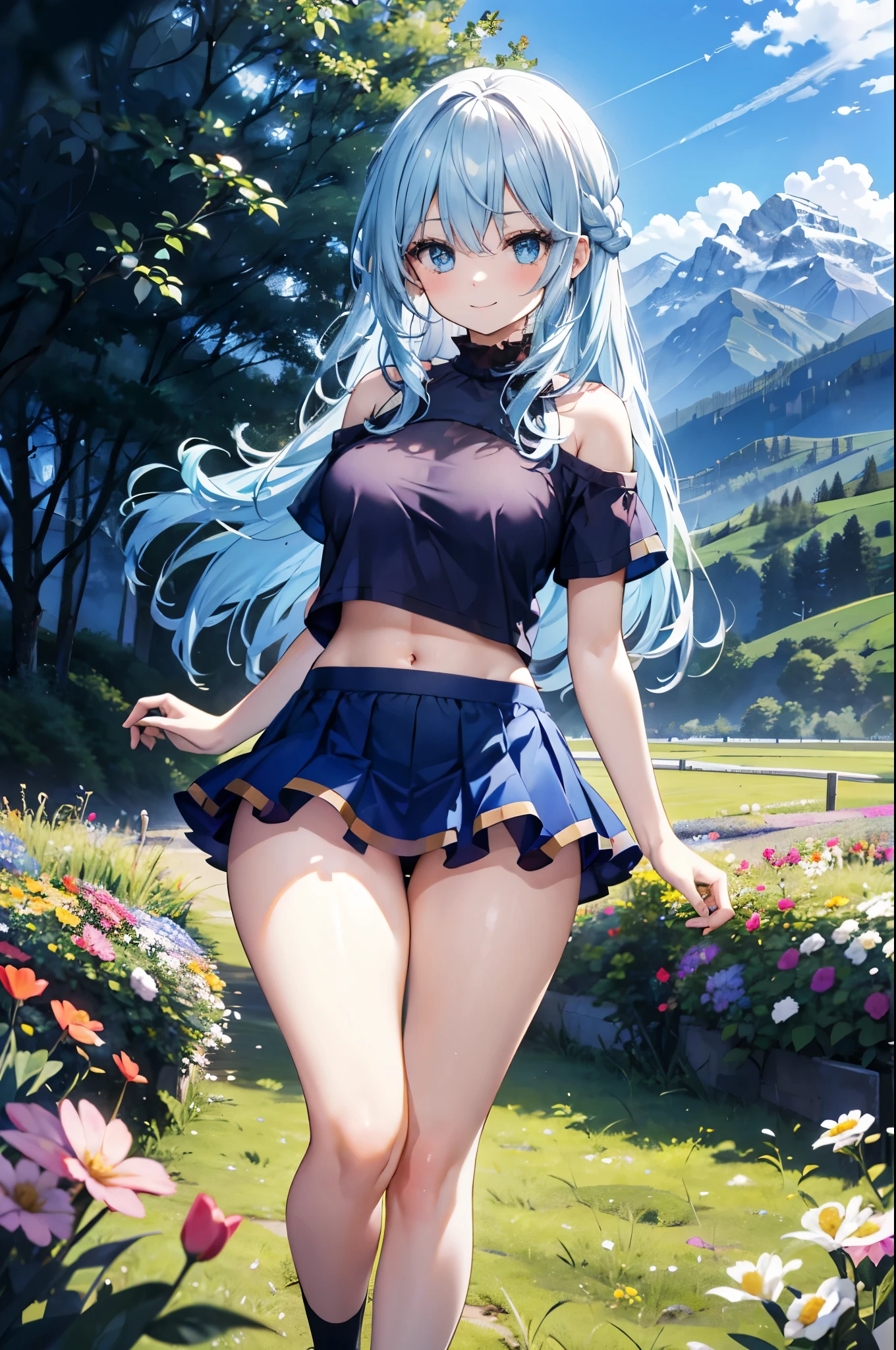 ealistic image, coherent image, detailed image, 1 beautiful girl. She has light blue hair, long hair. Her eyes are light blue, long eyelashes. Her face is oval and delicate, smiling. She is wearing a short-sleeved off-the-shoulder t-shirt, showing her navel, transparent pleated mini skirt, sneakers, she has a curvy body, medium breasts, thick thighs, background of mountains, surrounded by a field of flowers, natural lighting, volumetric lighting