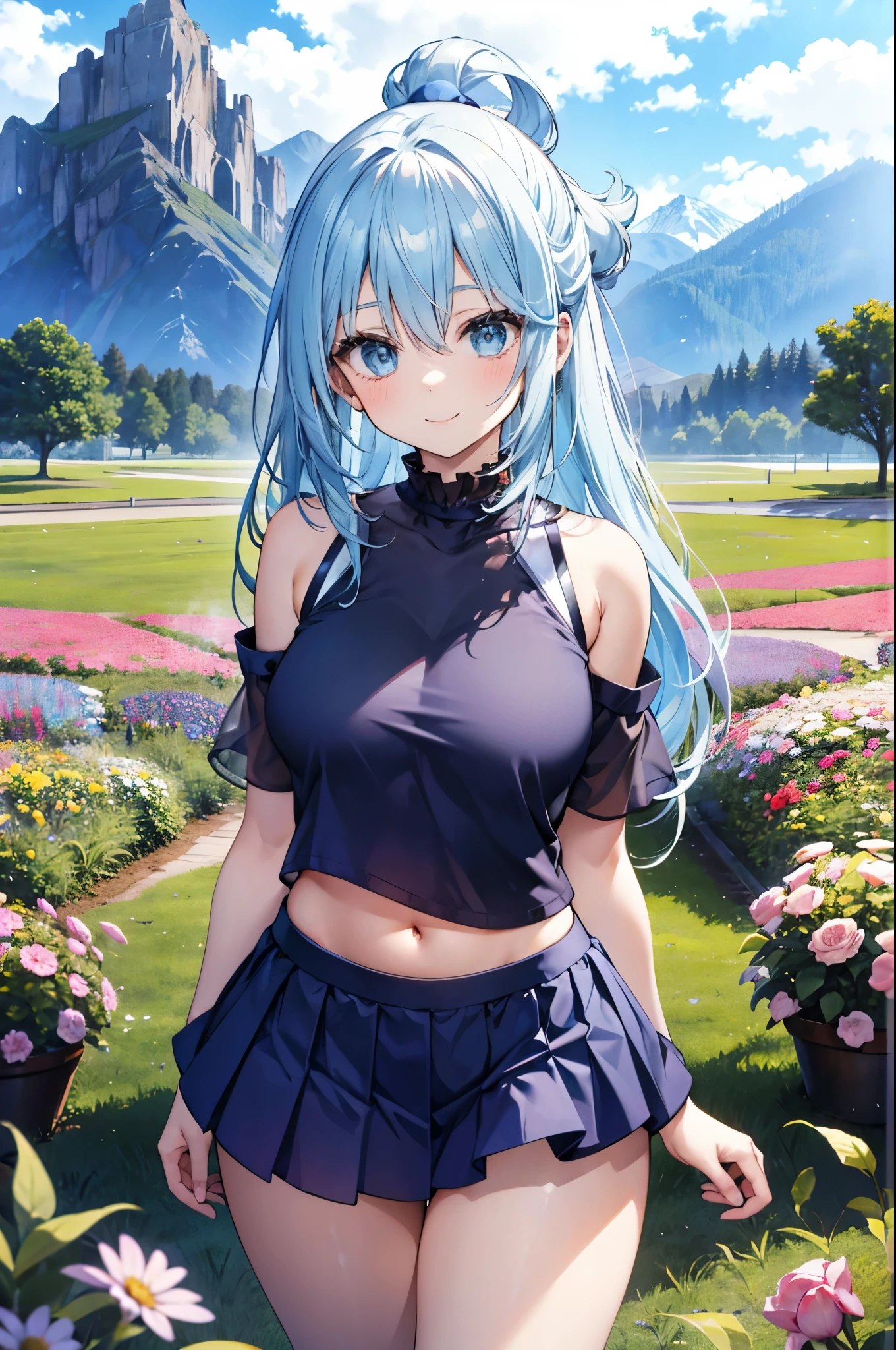 ealistic image, coherent image, detailed image, 1 beautiful girl. She has light blue hair, long hair. Her eyes are light blue, long eyelashes. Her face is oval and delicate, smiling. She is wearing a short-sleeved off-the-shoulder t-shirt, showing her navel, transparent pleated mini skirt, sneakers, she has a curvy body, medium breasts, thick thighs, background of mountains, surrounded by a field of flowers, natural lighting, volumetric lighting