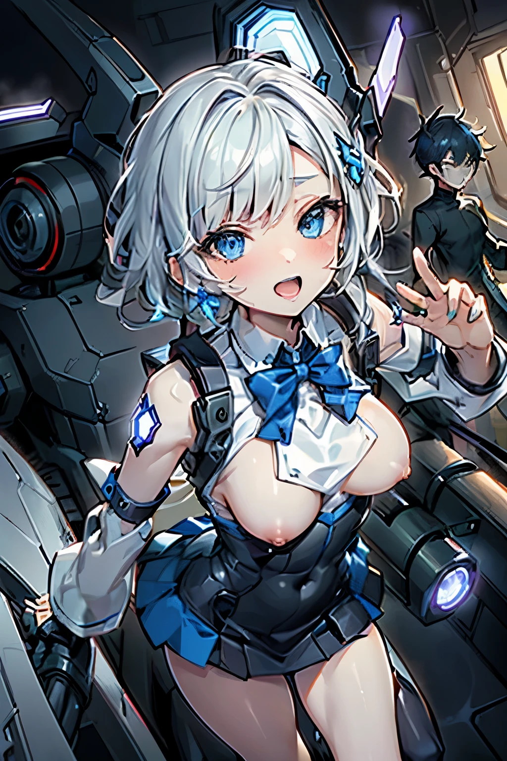 (hetero couple:2), (cityscape:1.5), (NSFW, topless bare small middle boobies, uncensored bare pussy:1.6), (Face of love, I'm so happy:1.5), (cyborg girl:1.5), low , dynamic angle, stylish free pose, (headphone, mechanical fuselage, mechanical clothing), looking at the viewer, (hime cut, long hair:1.5), (blue mini skirt:1.5), plastic corset, Beautiful light effect, glowing skin, (removable long sleeves, very wide sleeve:1.5), (caution decal, corporate logotype:1.2), (small open mouth:1),