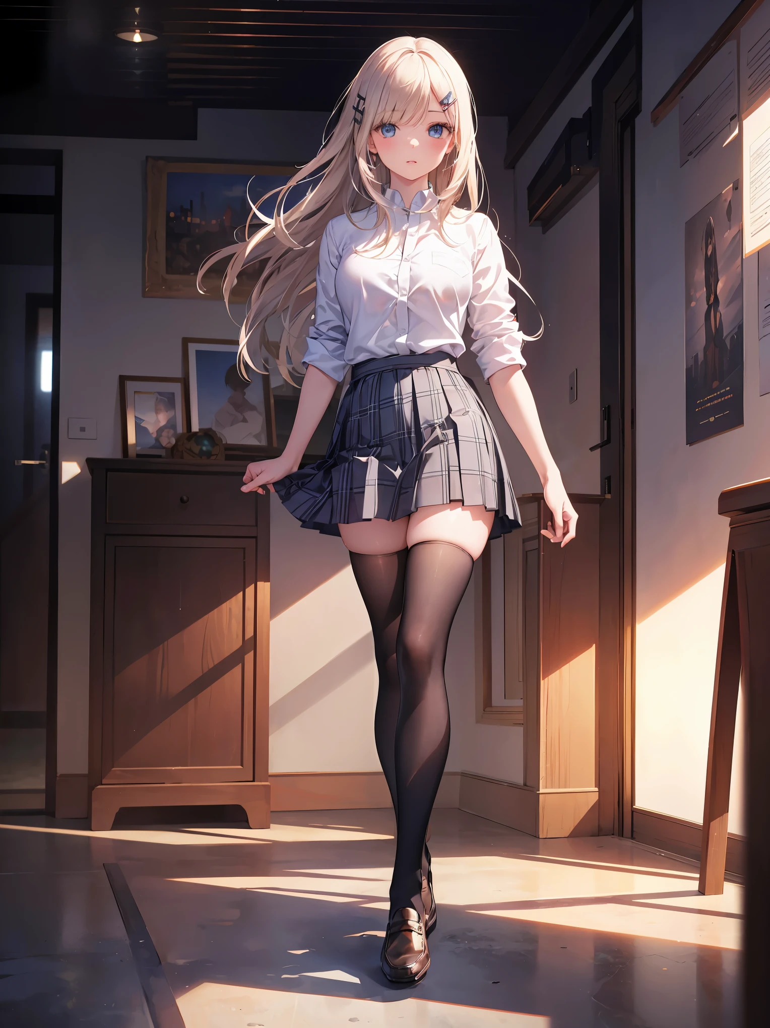 (8k, RAW photo, best quality, masterpiece:1.2), (realistic, photo-realistic:1.37), best quality, ultra high res, photon mapping, radiosity, physically-based rendering,bblurry, blurry_foreground, depth_of_field, blurry_background, photo_\(medium\), motion_blur,1girl, (full body),long legs,thin legs,Long hair, bangs,(see through bangs), hair_ornament, lips, hairclip, solo, blue_eyes, nosesoft,china,White shirt,Gray Plaid Pleated Skirt,opaque clothing,overlooking,black loafers,thigh highs,black cotton socks,