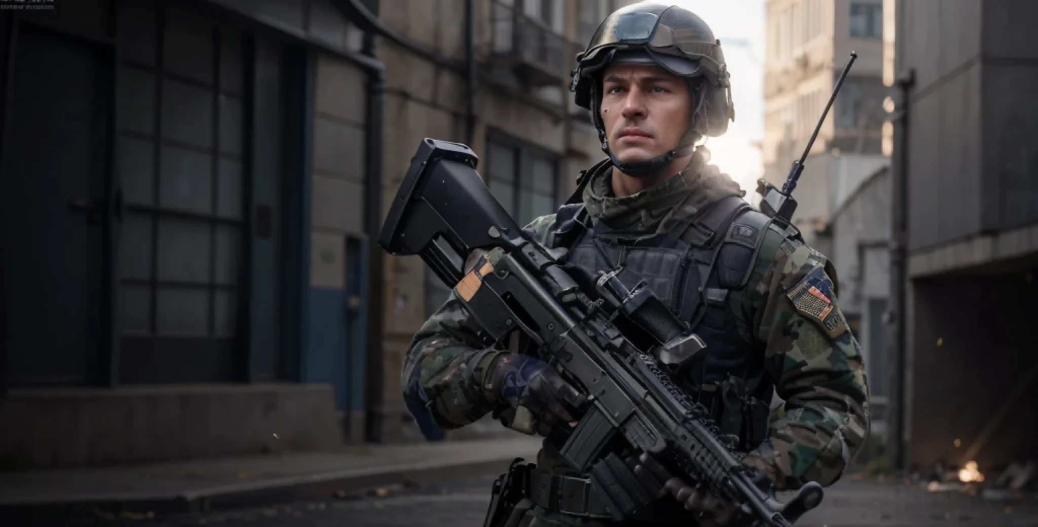 soldado masculino, cara alemana muy masculina, Casco militar azul, uniforme militar azul oscuro, chaleco antibalas, cinturones con municiones, lleva un walkie talkie, holds a heavy laser rifle, cinturones con municiones, It's outside an ultra-advanced military base., advanced military vehicles, Hyper Realista, 4k, Imagen ultra detallada, Realista, muy detallado, perfect composition, beautiful intricately detailed incredibly detailed, Artistic photography in 8K, hiper detallado, Obra maestra