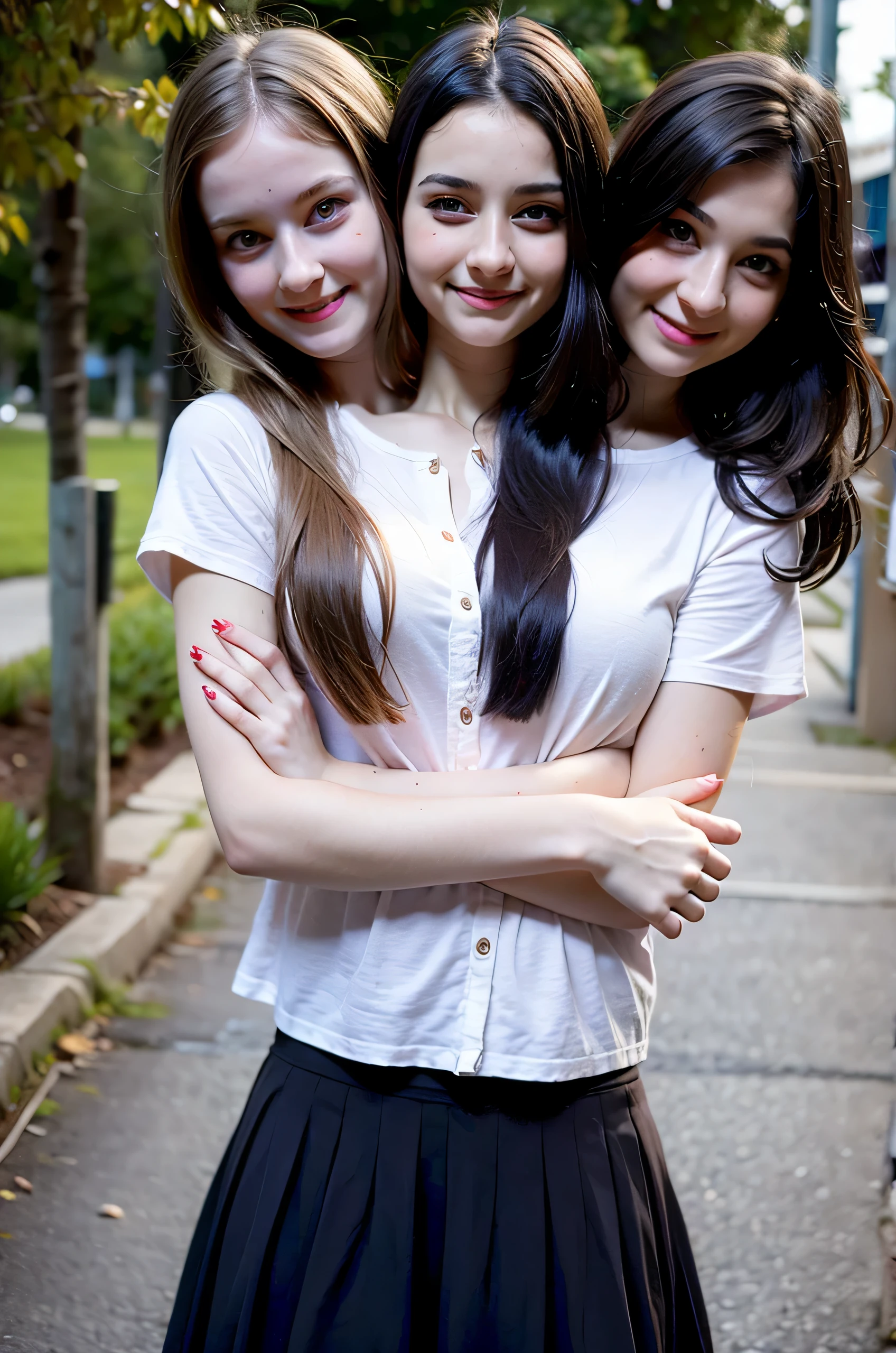 Two headed girl, age 17, student, pale skin, 2heads, trendy shirt, skirt,