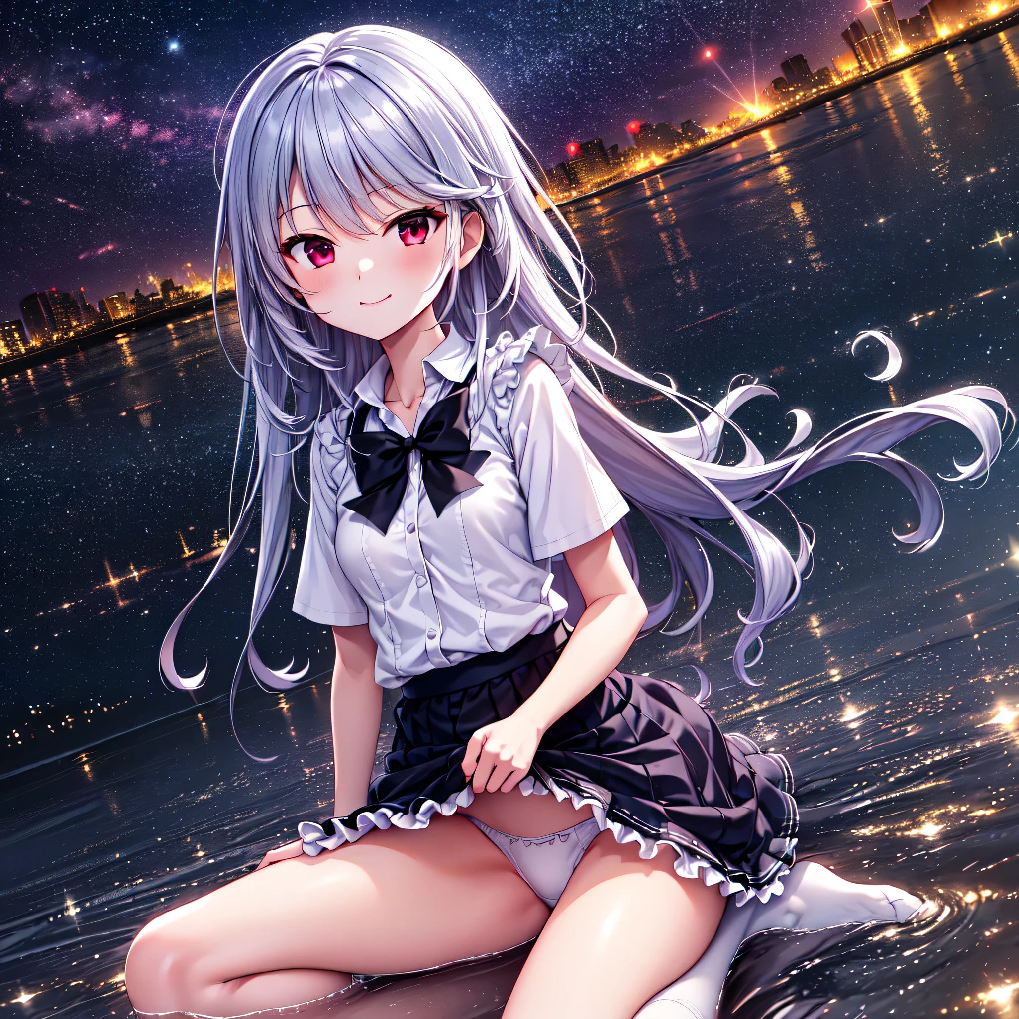 Super Detailed Game CG, (High resolution:1.1),(absurd:1.1), highest quality, High resolution, highest resolution, very detailed, anime, city, building roof, night, starry sky, pretty girl, 1 girl, kazami kazuki, silver hair, long hair, red eyes, small breasts, black bow, white knee highs, school uniform, white panties, light smile, sitting, spread your legs, (skirt lift:1.2), neon light, wind effect, reflection effect