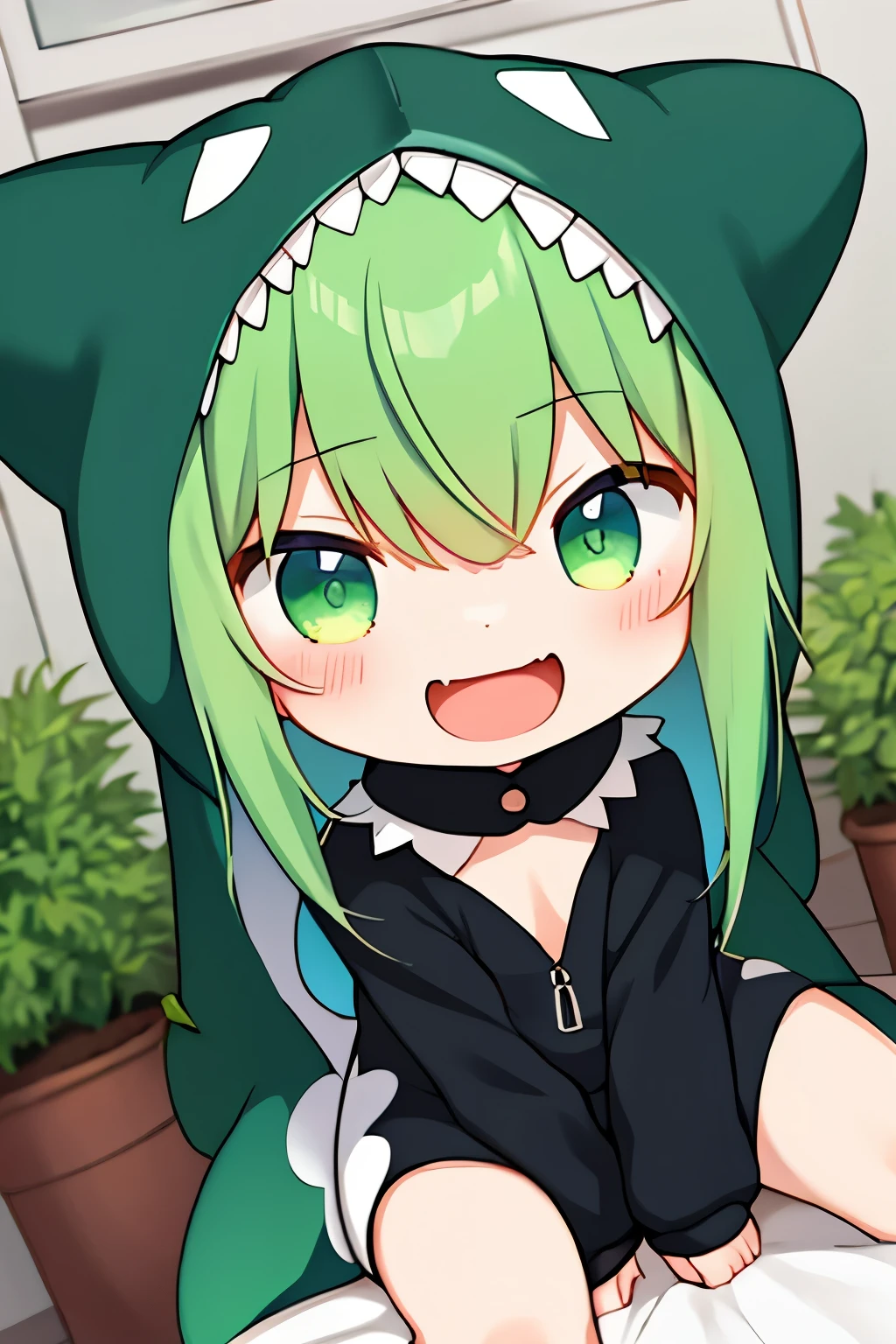 anime、Chibi girl wearing a deformed lizard costume、cute pose、laughter