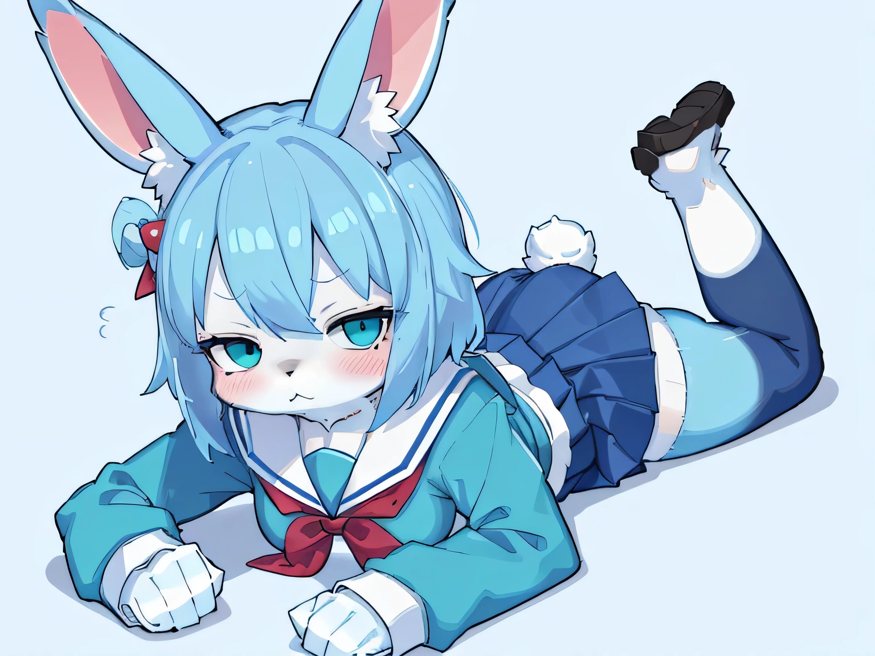 contempt, anger, half closed eyes, Simple dead eyes,Aqua hail,short hair,{{{Lop-eared rabbit}}},light blue and white skin,school uniform, sailor suit,blush,aqua rabbit ears,woman,furry,cute,sailor suit,hair ribbon,lying on the ground,knee high