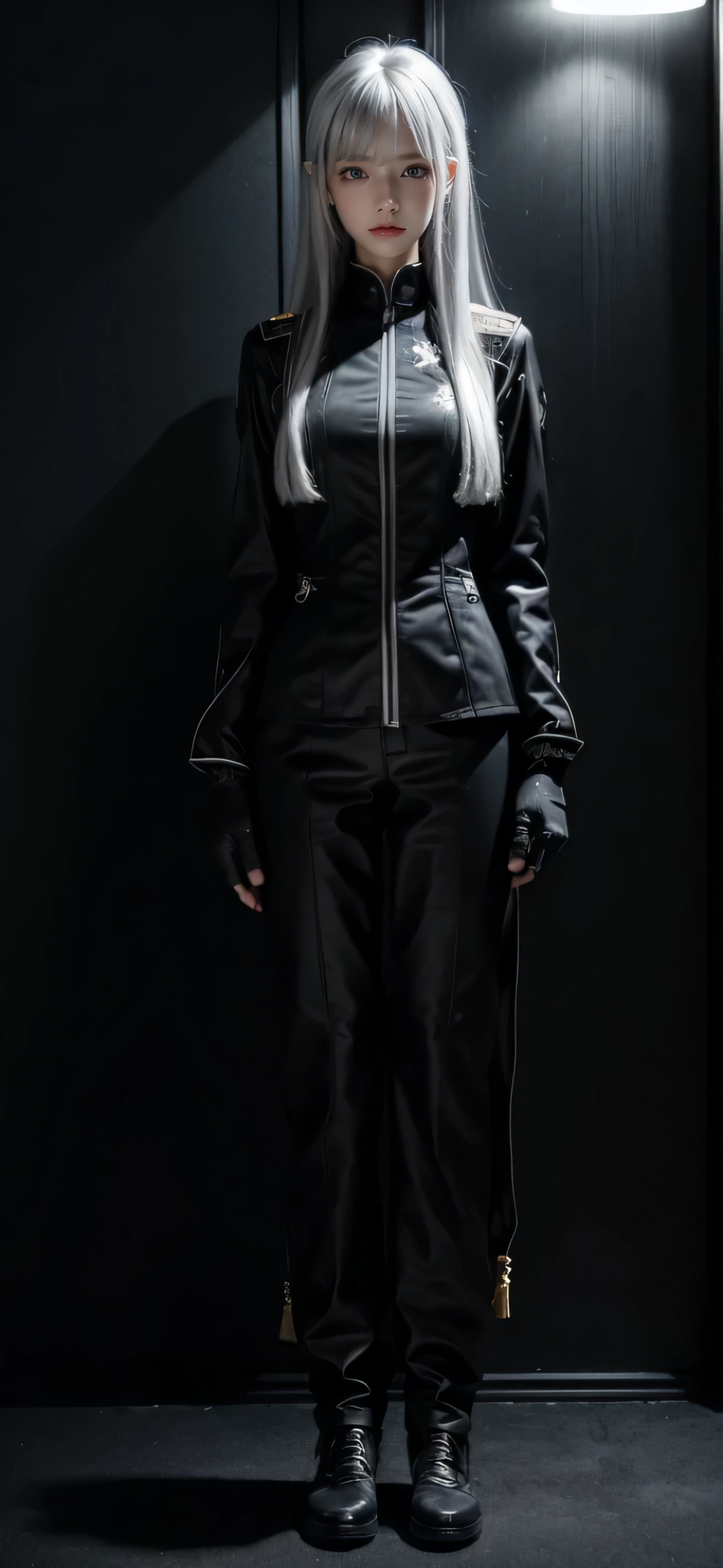 shiny hair,4 fingers,{{{{{White eyes}}}}},{{{{{White eyes}}}}},{long hair},{{straight hair}},gloves,black clothes,black army suit,{army},{{{{{dull bangs}}}}},Hard hair,(slanted eyes},{{whole body},{{{1 girl}}}, {{{{silver hair}}}},{{{Tsurime}}},36 years old,white people,silver eyes,thin,{{{masterpiece}}}, {{{highest quality}}}, {{Super detailed}}, {shape}, {{very delicate and beautiful}},very detailed,detailed perfect,detailed hyper,armyまたは海armyの制服