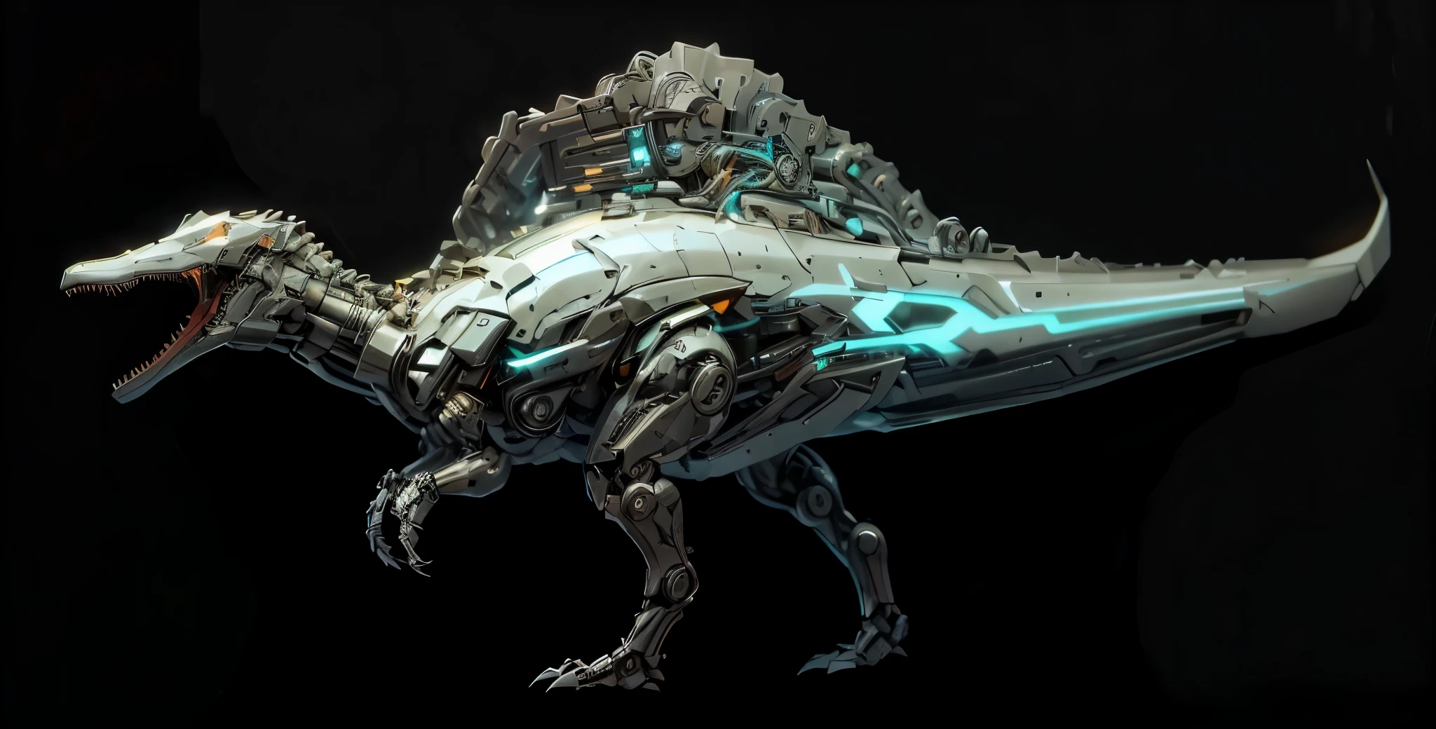 (futuristic:1.5,cyberpunk),(Black canvas background:1.4,blurred background:1.4), Mechanical Spinosaurus, (Mechanical body:1.2, mechanical limbs:1.2, gear joints, Glowing eyes, realistic scifi cyberpunk armo),Ray Tracing, Reasonable structure,backlight, close up, Mechanical elements,cybernetic, complex,Selective focus, high res