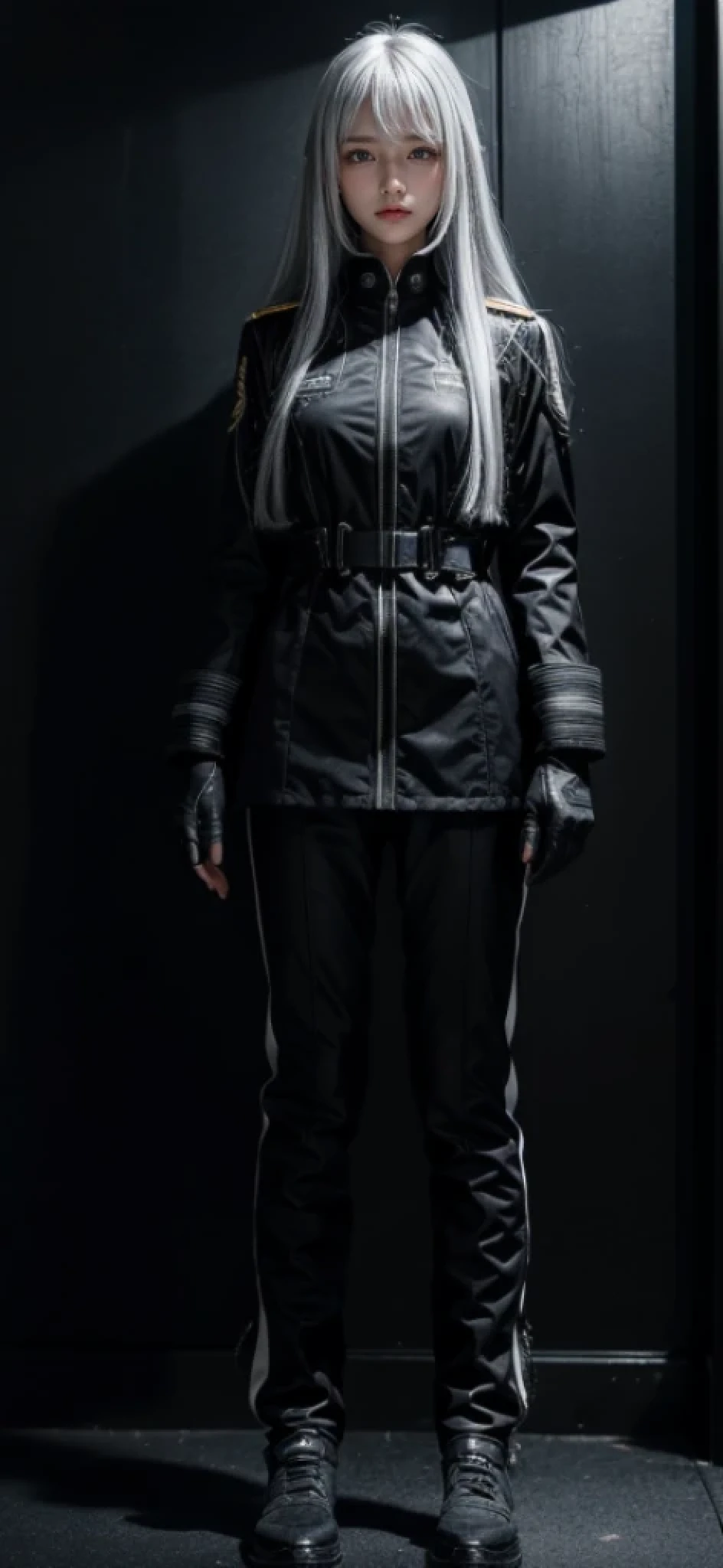shiny hair,4 fingers,{{{{{White eyes}}}}},{{{{{White eyes}}}}},{long hair},{{straight hair}},gloves,black clothes,black military suit,{military},{{{{{dull bangs}}}}},Hard hair,(slanted eyes},{{whole body},{{{1 girl}}}, {{{{silver hair}}}},{{{Tsurime}}},36 years old,white people,silver eyes,thin,{{{masterpiece}}}, {{{highest quality}}}, {{super detailed}}, {figure}, {{very delicate and beautiful}},very detailed,detailed perfect,detailed hyper,militaryまたは海militaryの制服