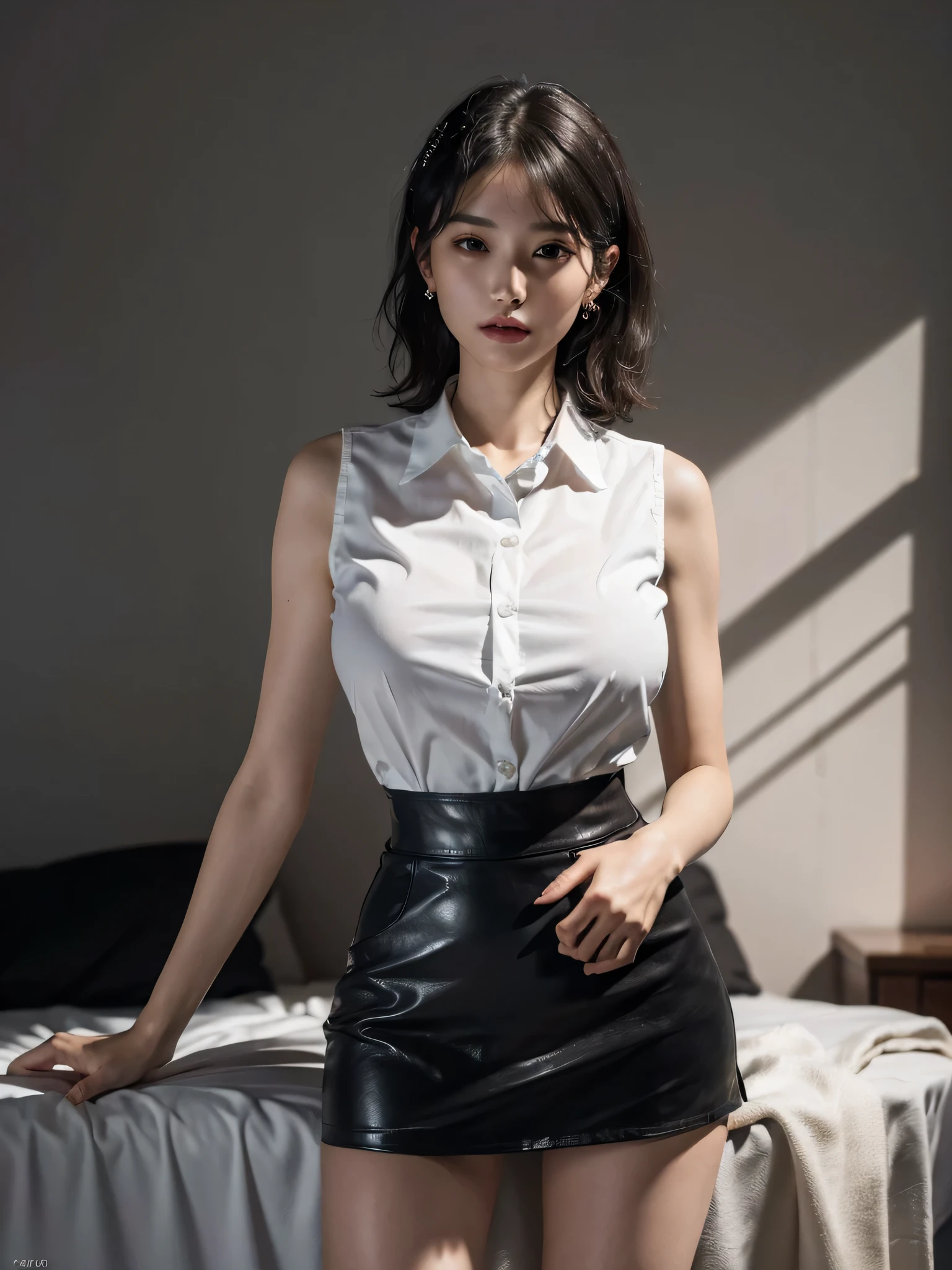 disorganized, RAW photo, very delicate and beautiful, masterpiece, highest quality, ultra high resolution, 32K, surreal, super detailed, perfect anatomy, perfect figure, super dense skin, Highly detailed CG 8k wallpaper, 20's, very slim body, tight waist, very small head, very small face, delicate facial features, tearful mole, earrings, thin legs, (very huge round breasts:1.2), full body shot, 1 girl, short hair, wavy hair, short pencil skirt, black shirt, (collared shirt:1.3), No sleeve,