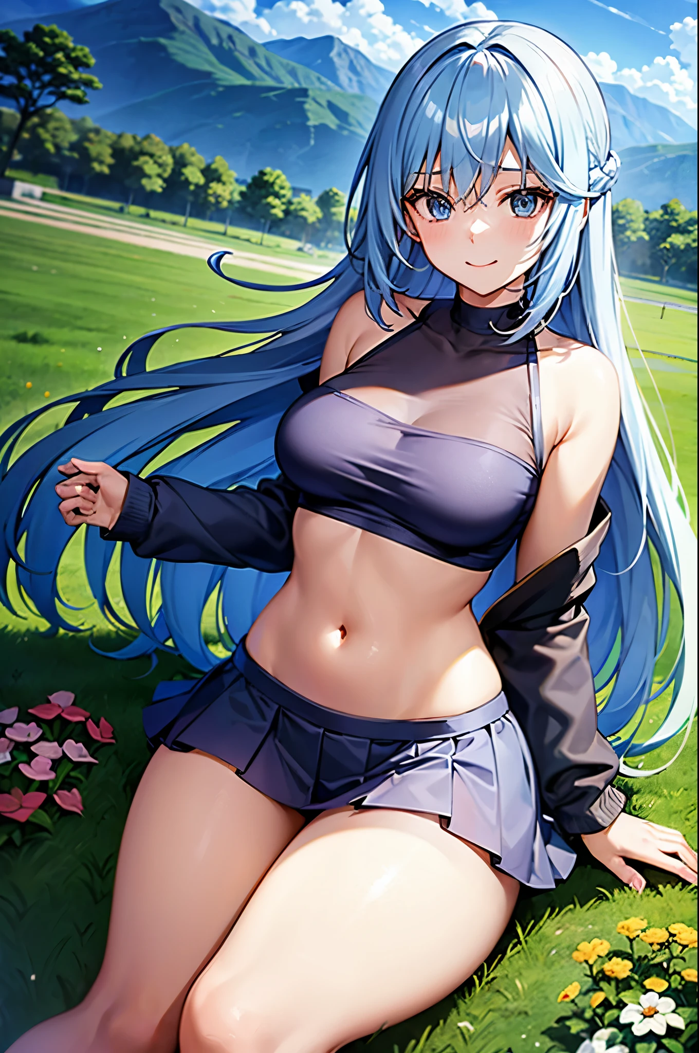 ealistic image, coherent image, detailed image, 1 beautiful girl. She has light blue hair, long hair. Her eyes are light blue, long eyelashes. Her face is oval and delicate, smiling. She is wearing a short-sleeved off-the-shoulder t-shirt, showing her navel, transparent pleated mini skirt, sneakers, she has a curvy body, medium breasts, thick thighs, background of mountains, surrounded by a field of flowers, natural lighting, volumetric lighting