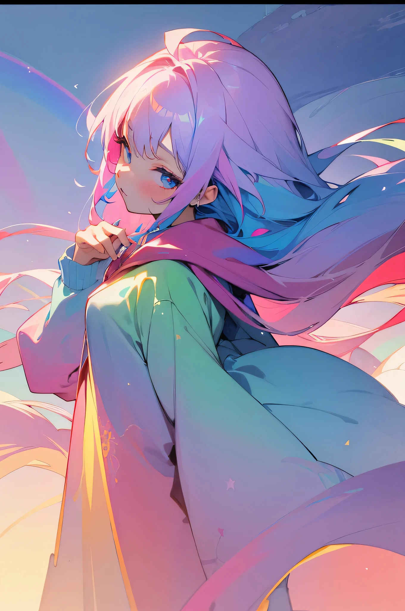 (masterpiece, top quality, neon,best quality,Angle from above、long hair、body facing forward、hoodie、watercolor (medium),official art, beautiful and aesthetic:1.2),(1girl:1.3), medium chest、(fractal art:1.3),upper body, from side, looking at viewer,patterns,(rainbow color Hair,colorful hair,half blue and half pink hair:1.2),water,liquid, cloud,colorful, starry,stars, nsfw,