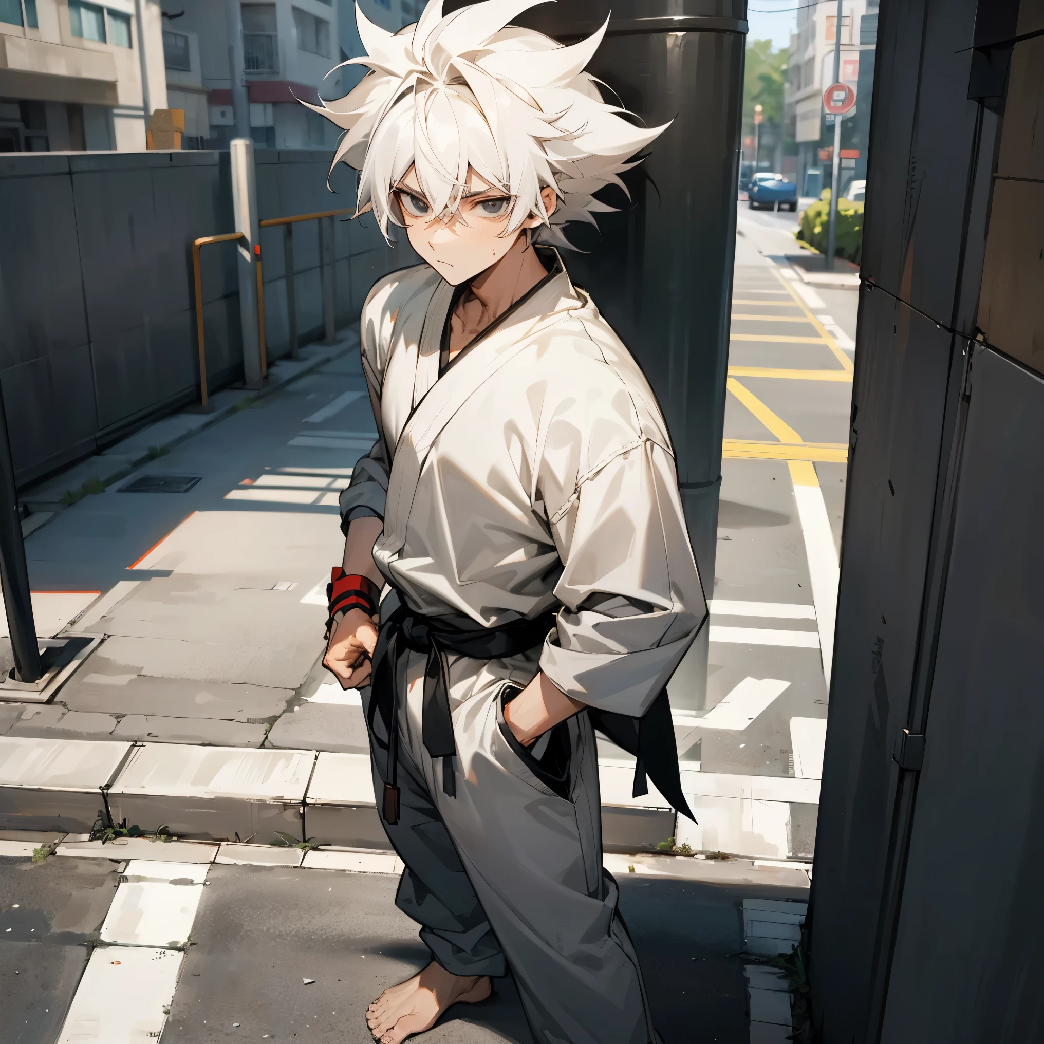 1male , White Hair ,Messy Hair, Black Eyes , Somber Expression , Muscular , Teen Male ,Baggy Karate Gi,Baggy Grey Sweatpants,Standing on sidewalk , Modern Neighborhood Background