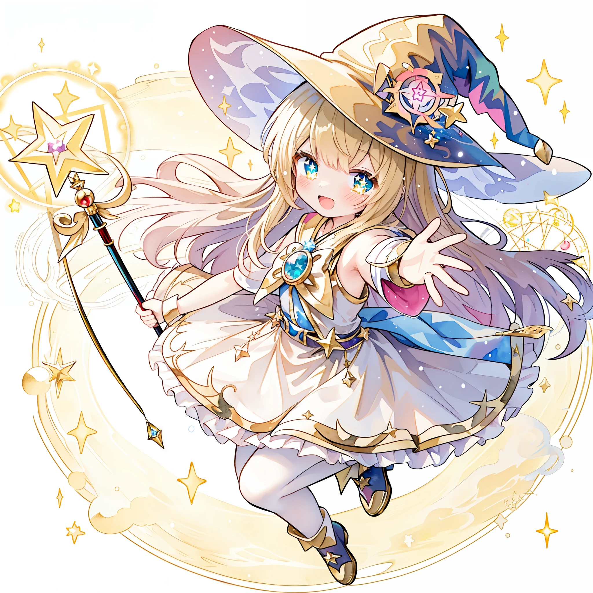 anime, Girl wearing a hat and dress and holding a cane, splash art anime , correct arm、correct hand、beautiful wizard, bright witch, beautiful heaven mage, glitter magical girl, flirty anime witch casting magic, small curve , astral witch clothes, shadowverse style, everyone, Magic Star, happy brave magic cuteness, have a magic wand, anime visual of a cute girl、Pastel Watercolor、whole body、(30-year-old magical girl:1.5、Light magic circle on background、magic star wand:1.3、gorgeous wizard hat)、laughter、a sunny day、sparkling eyes、pale golden yellow color throughout,,,,,,,、、In the background of the magic circle、jump、floating、laughter、Aster Harmony Garden Sprite,White snow、noel、hold out her hand、From the side、dynamic angle、action pose、look at the audience