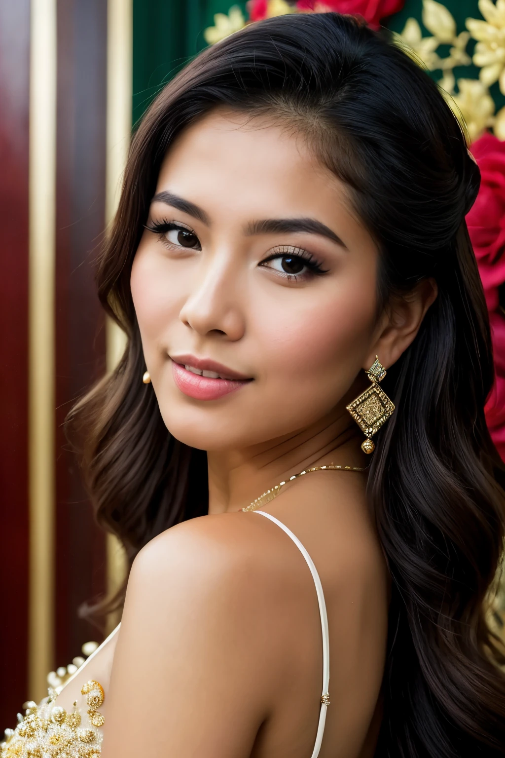 A stunningly beautiful Mexican woman gracefully poses for the camera, her features embodying a mix of allure and elegance. The image captures the essence of romanticized realism, with a touch of darkly romantic realism. Shot with the exquisite Tokina AT-X 11-16mm f/2.8 Pro DX II lens, the photo showcases a realistic rendering that brings out every intricate detail. The traditional Vietnamese setting adds a unique cultural backdrop to the scene. This photo, with its photo realistic quality, is a testament to the artist's skill and mastery.